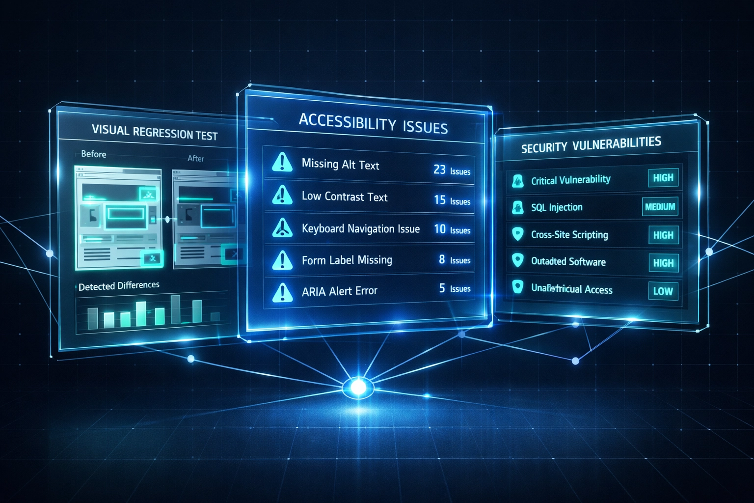 Three unified testing dashboards showing regression, accessibility, and security validation in one automated test run