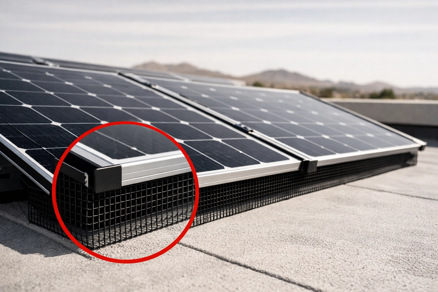 Professional pigeon proofing mesh installed on residential solar panels in Arizona.