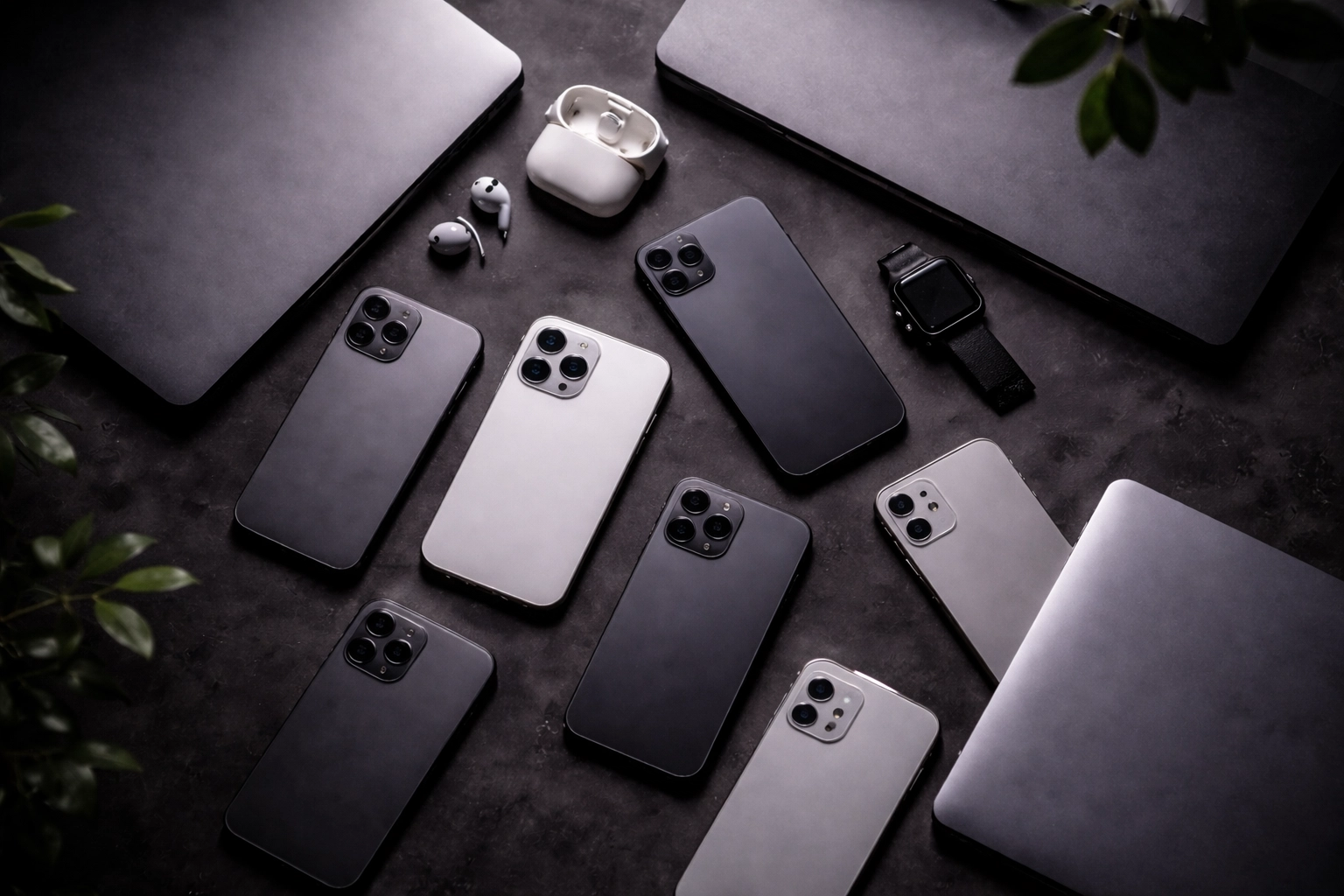 Flat-lay of like-new refurbished iPhones, MacBooks, and AirPods, demonstrating sustainable tech options in New York