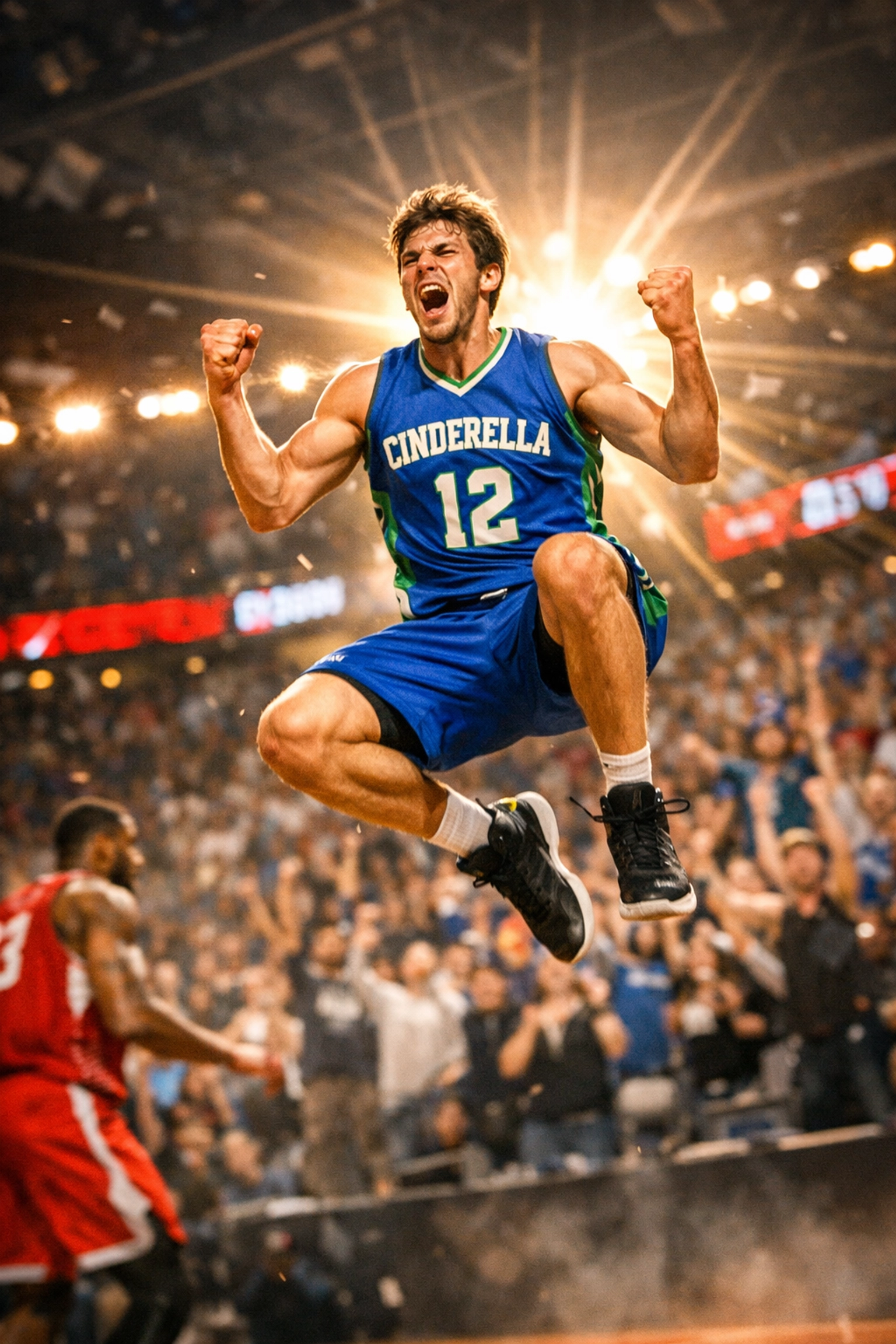 March Madness underdog player celebrating a celebratory upset in a college basketball game.