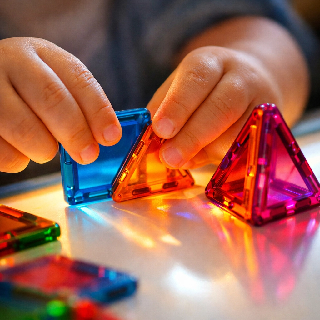 Toddler exploring colorful magnetic tiles to develop problem-solving and social skills.