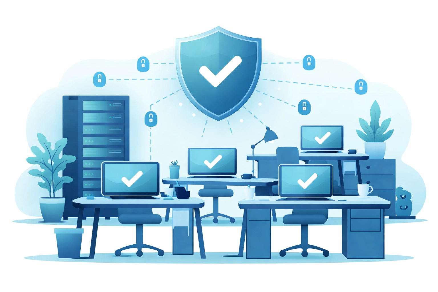 Small business office with computers and shield icon showing secure managed IT services in Venice FL