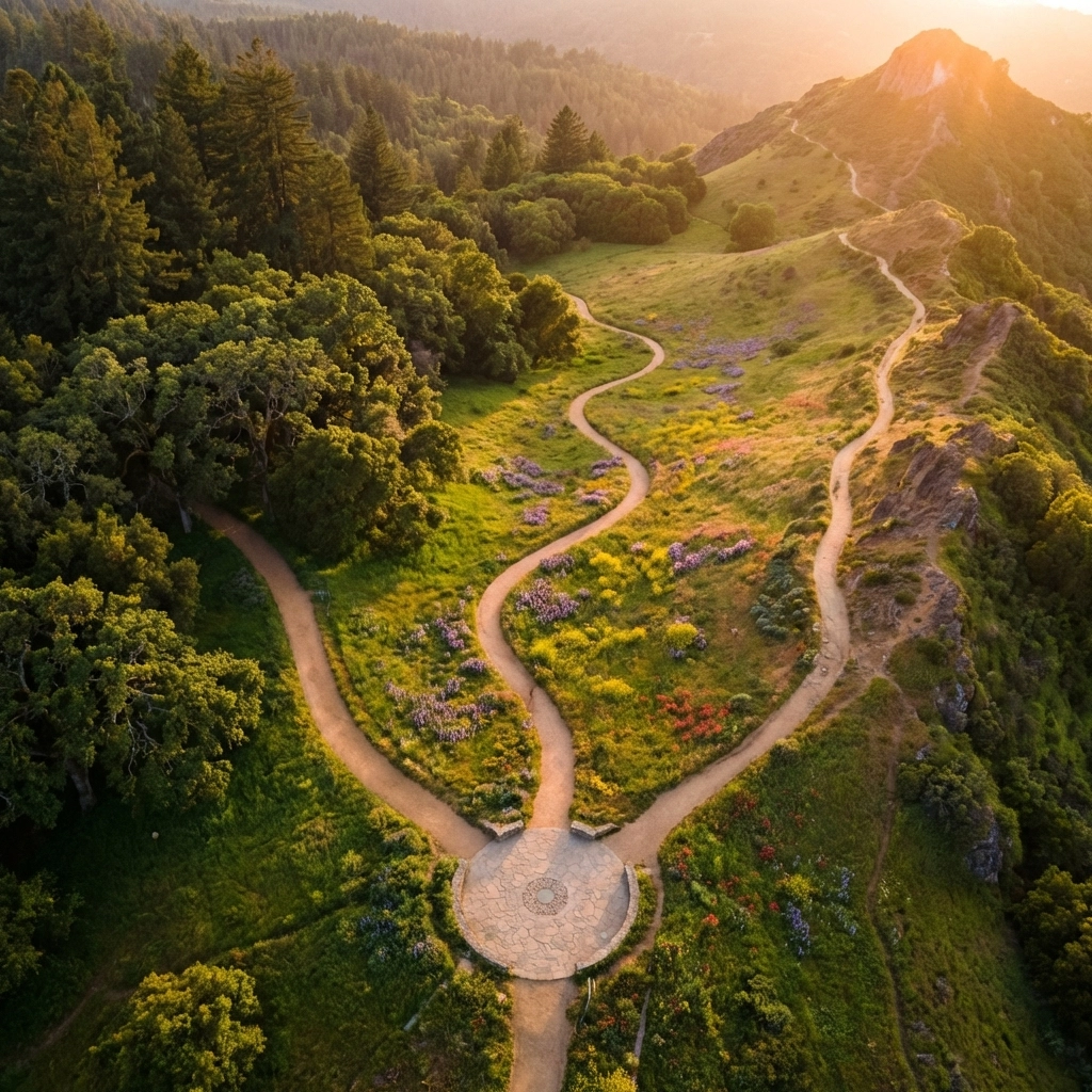 Aerial view of three diverging paths through forest, meadow, and mountain representing functional diversification in portfolios