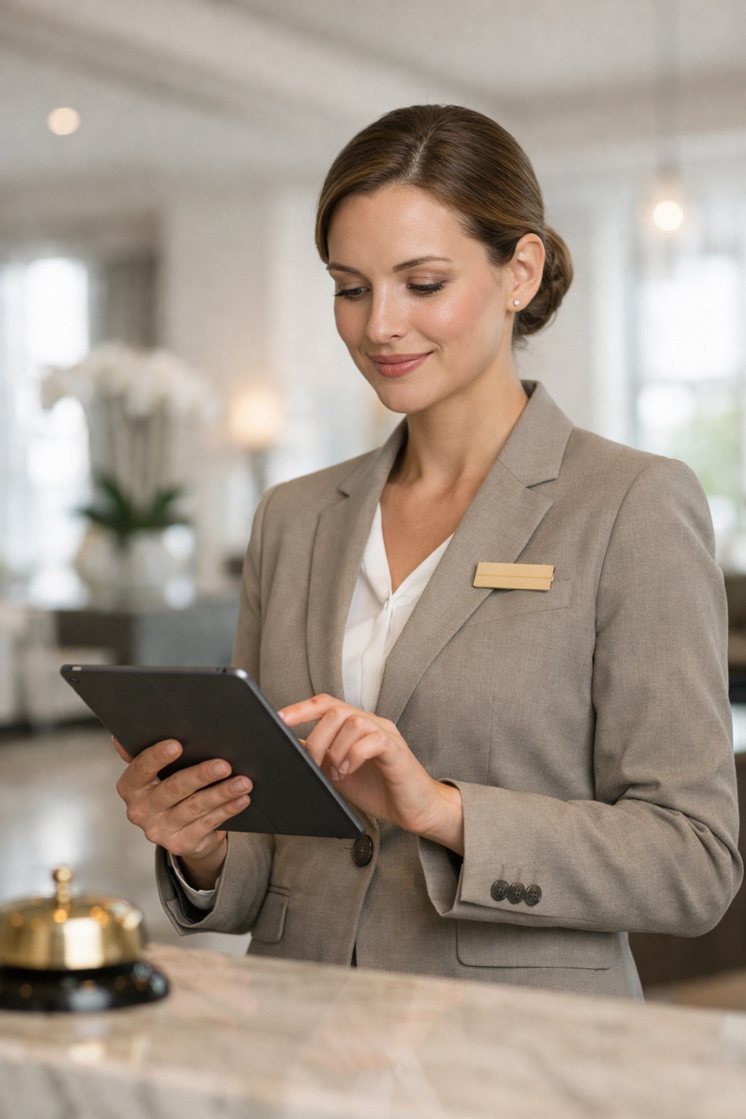Hotel professional using an intuitive tablet interface to manage secure guest data efficiently.