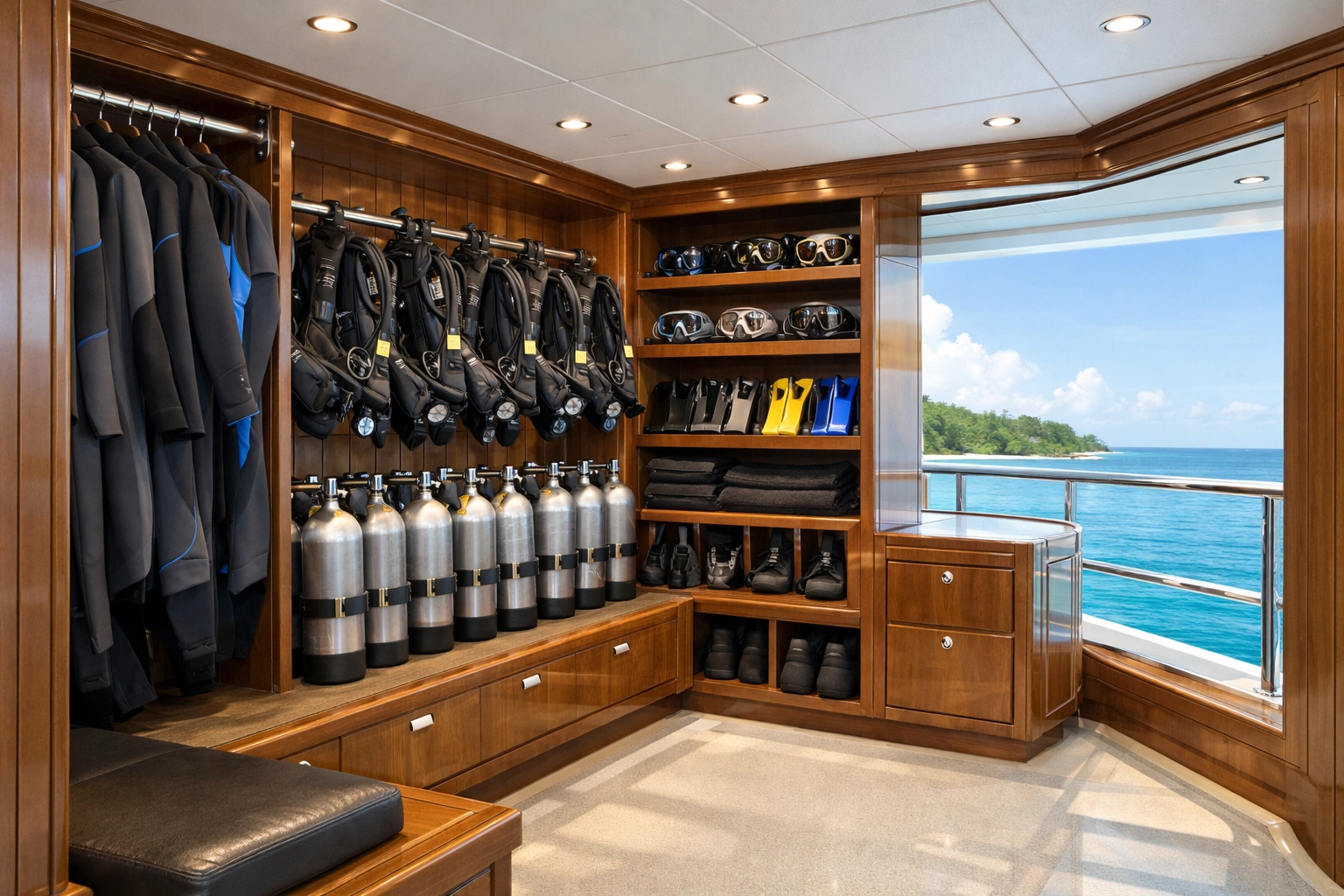 Luxury superyacht dive locker with sleek cabinetry and professional scuba gear in a tropical setting