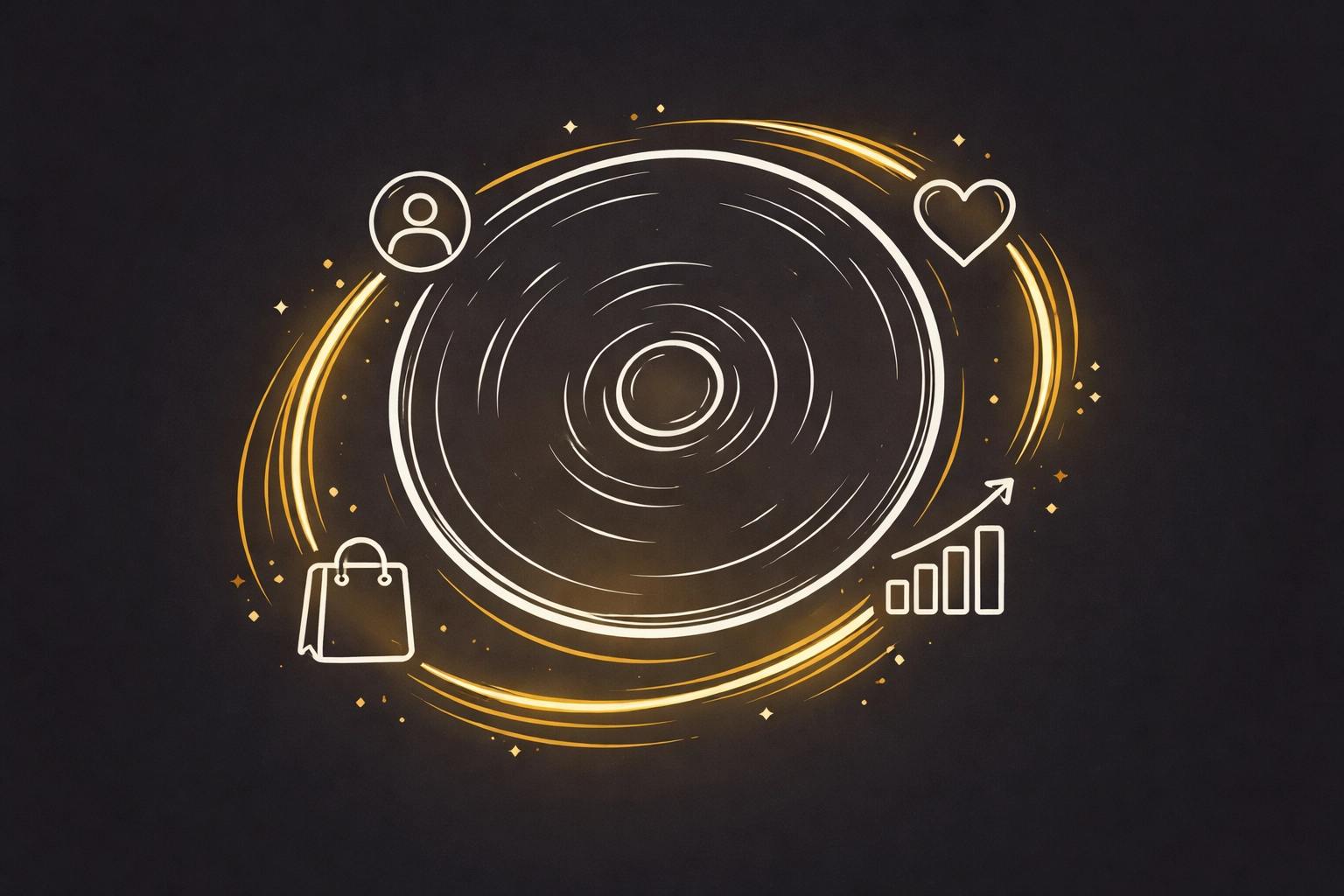 Spinning flywheel with customer icons illustrates first-party data's compounding value and business growth