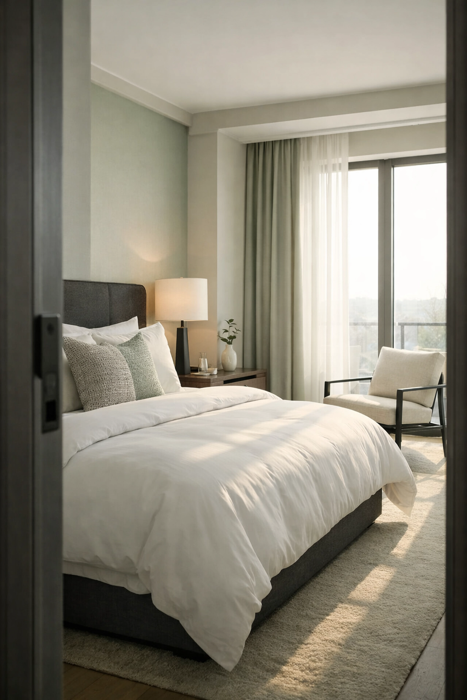 Impeccably clean and sunlit boutique hotel room showing the results of efficient housekeeping operations.