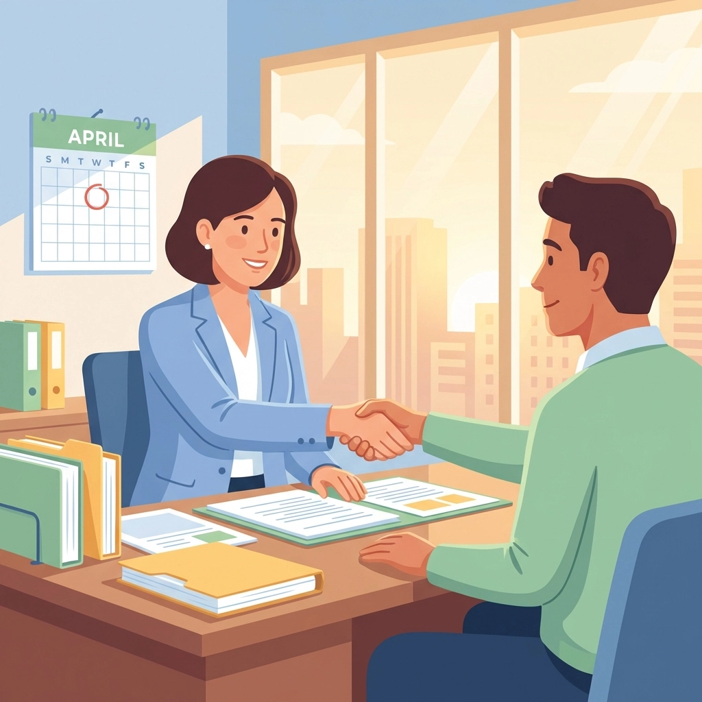 Tax professional shaking hands with a client, emphasizing stress-free, expert tax preparation services in New Haven.