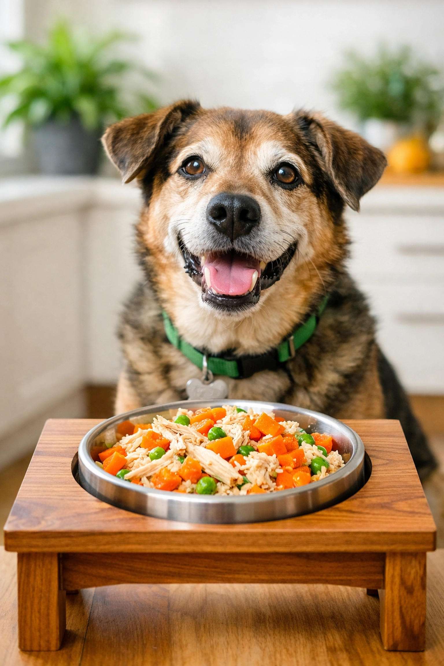 A senior dog sitting in front of an elevated feeding bowl with nutritious food for at-home hospice support.