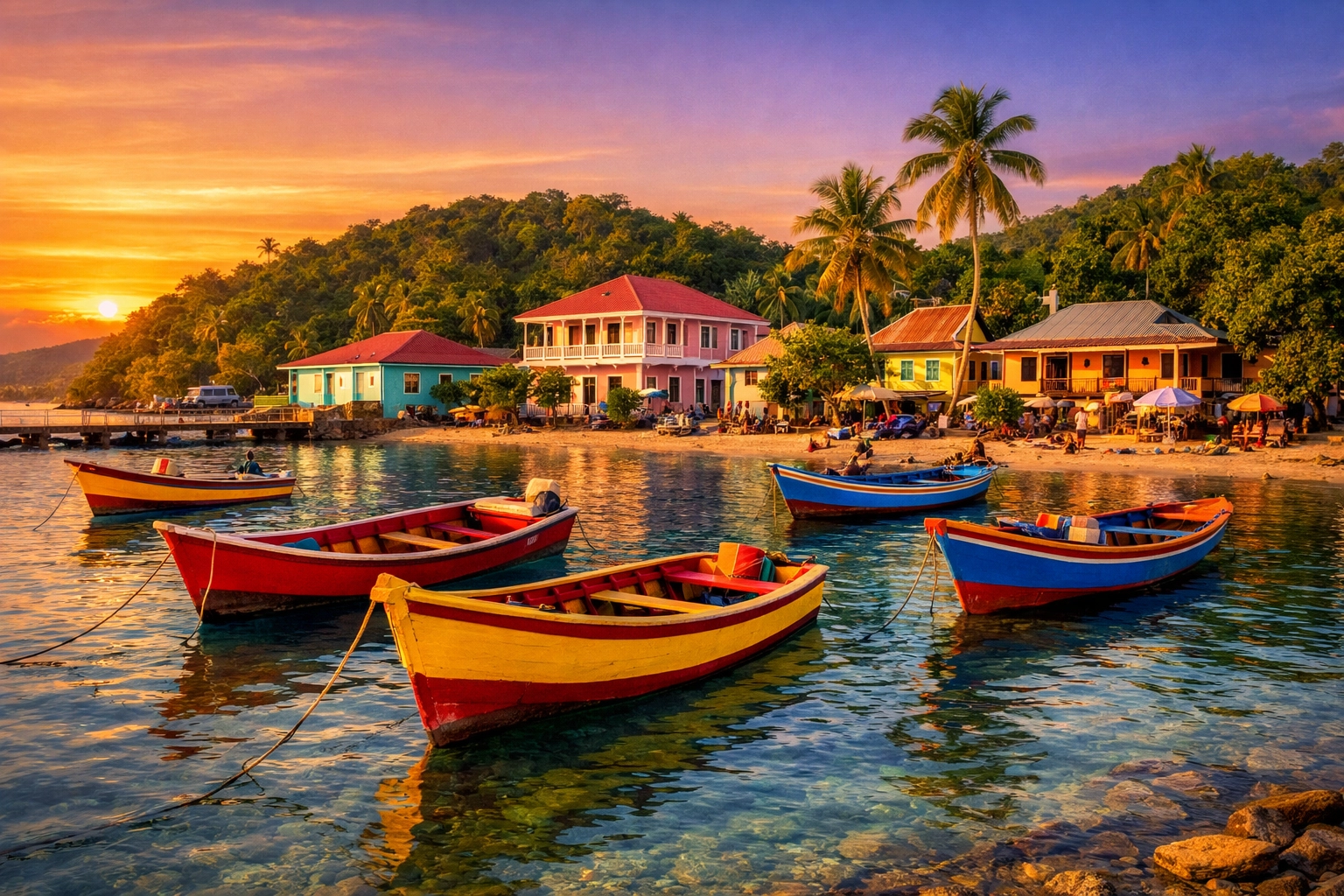 Colorful fishing boats in a Caribbean coastal village representing cultural immersion and local sustainability.