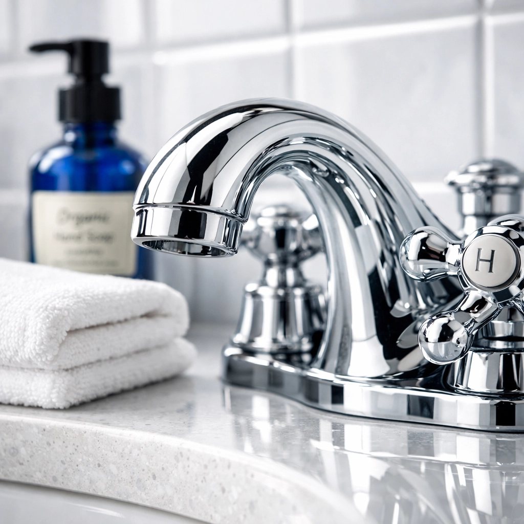 Detail of polished bathroom fixtures reflecting high-end deep cleaning services in a Wellesley MA residence.
