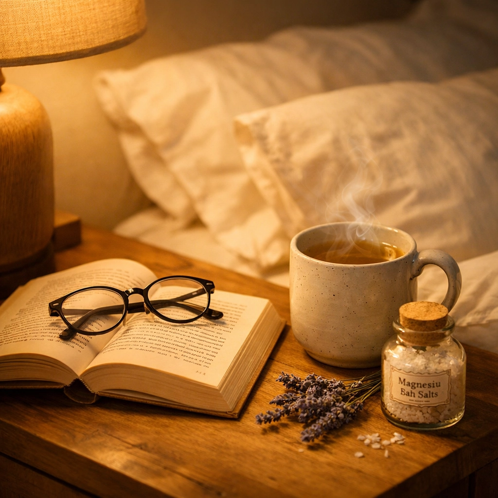 Calming bedtime routine for perimenopause sleep with herbal tea, book, and magnesium Calming bedtime routine for perimenopause sleep with herbal tea, book, and magnesium