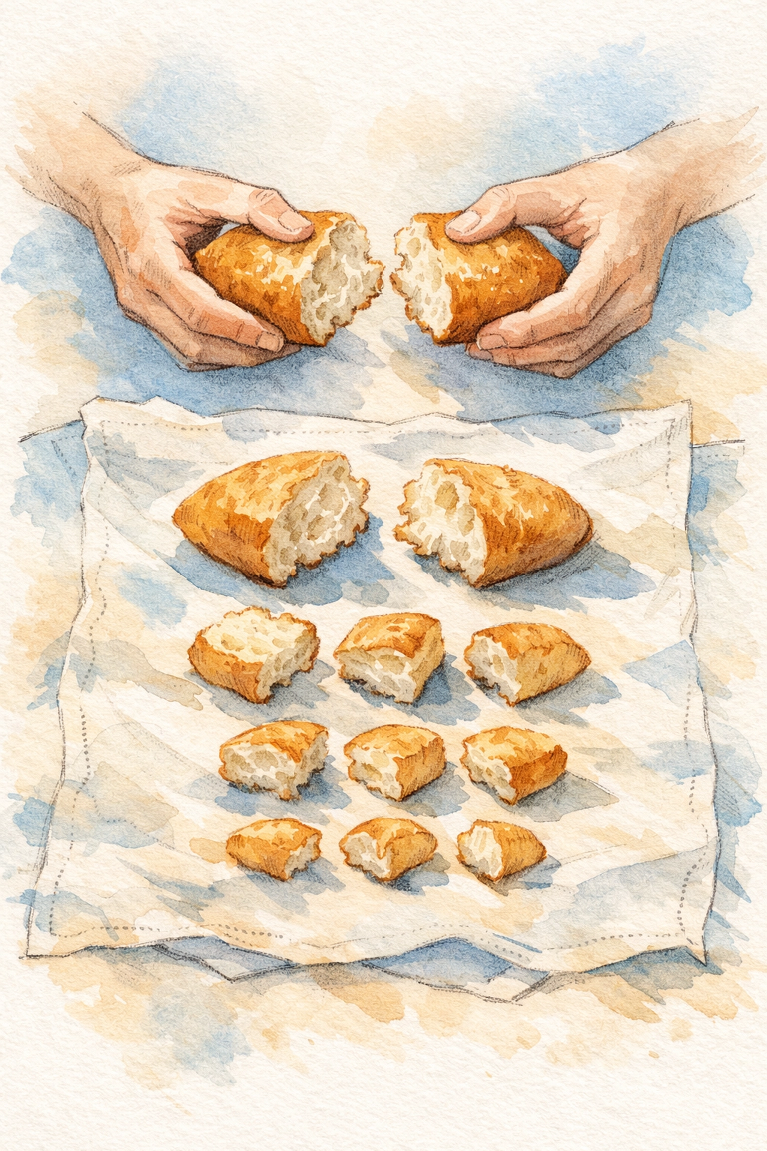 Hands breaking bread into portions illustrating volunteer task delegation and manageable ministry roles