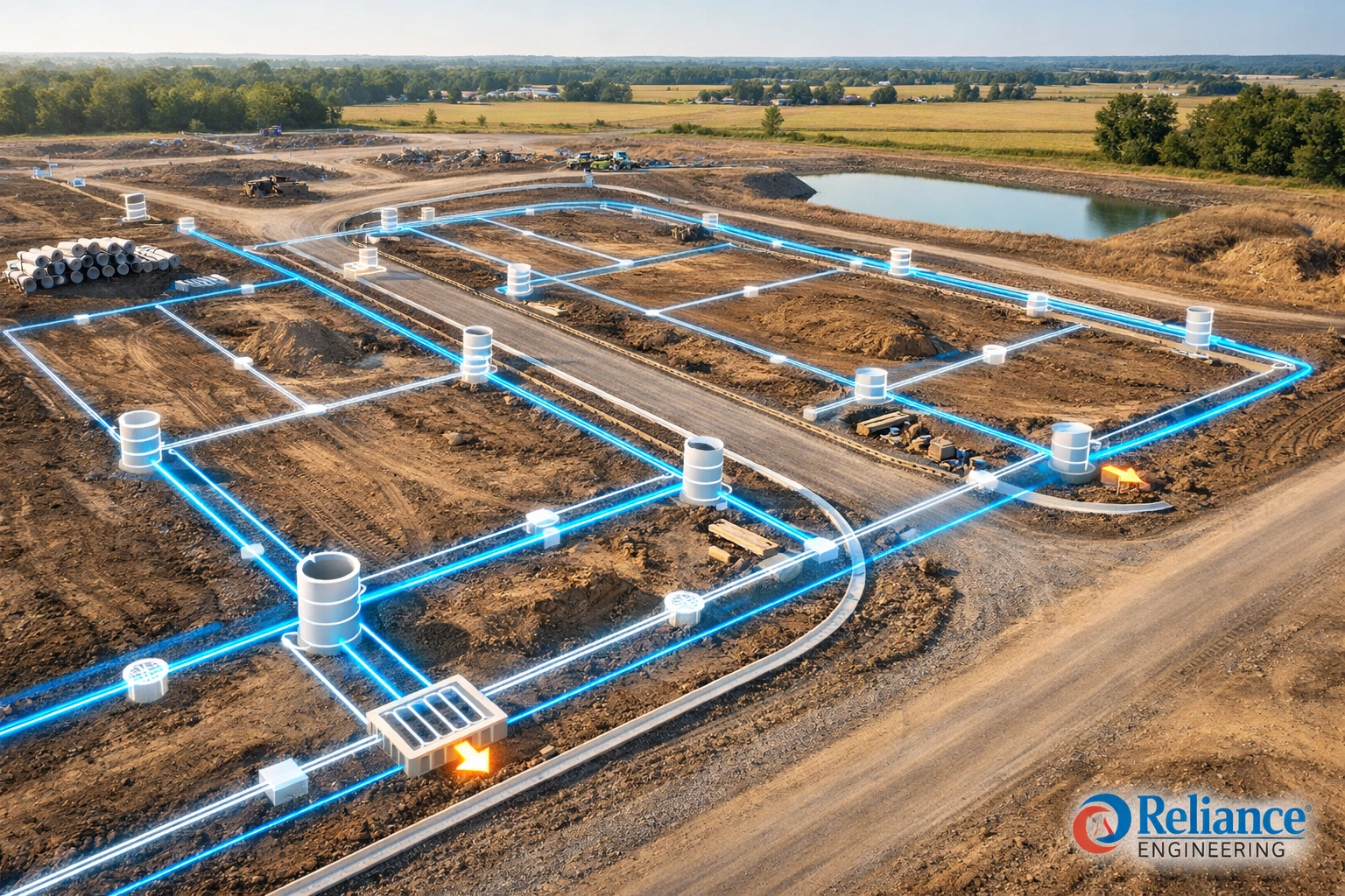 Drone view of an Ontario construction site featuring technical site servicing and underground sewer design plans.