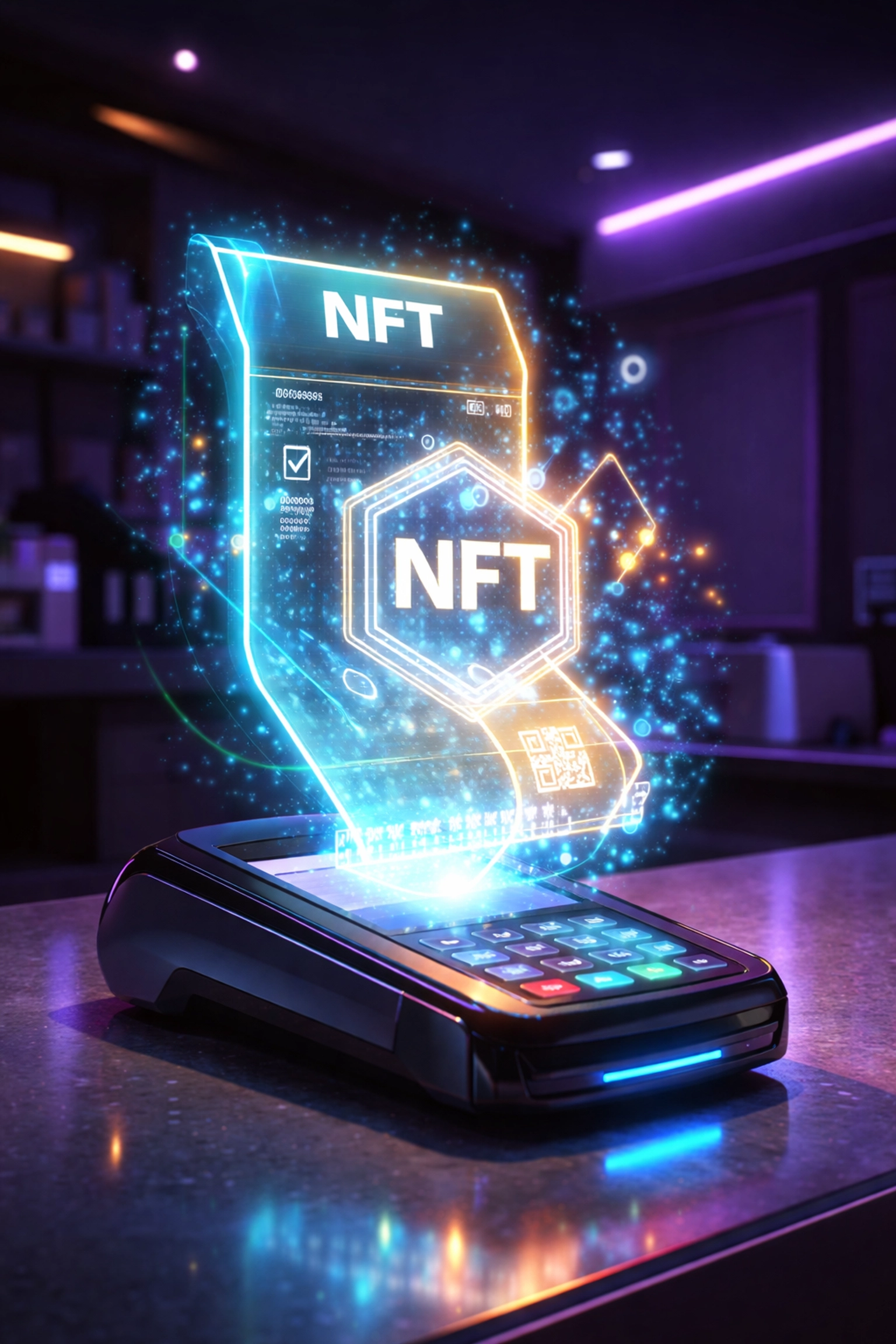 Digital receipt transforming into an NFT token above a crypto POS terminal, highlighting Larecoin's NFT receipt feature for merchants
