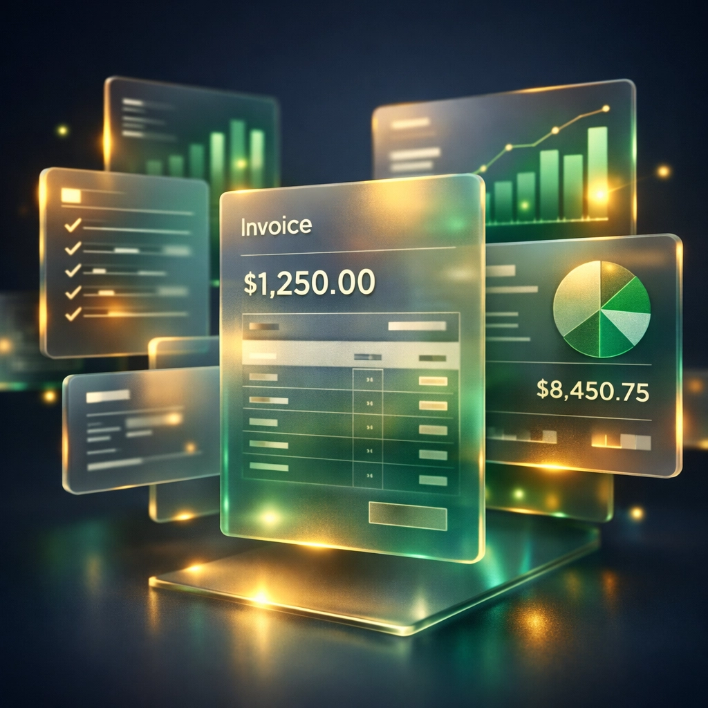 Floating digital invoices and ledgers representing automated accounting and financial tracking workflows.