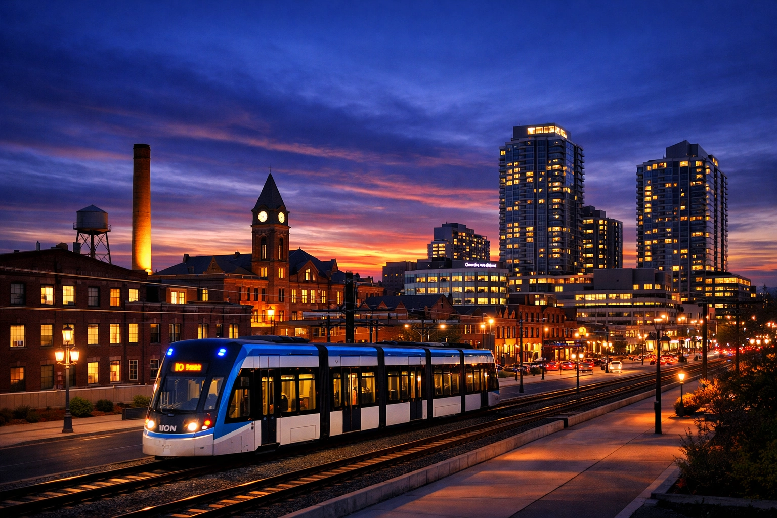 Downtown Kitchener skyline and ION LRT at twilight, highlighting the evolving Waterloo Region rental market.