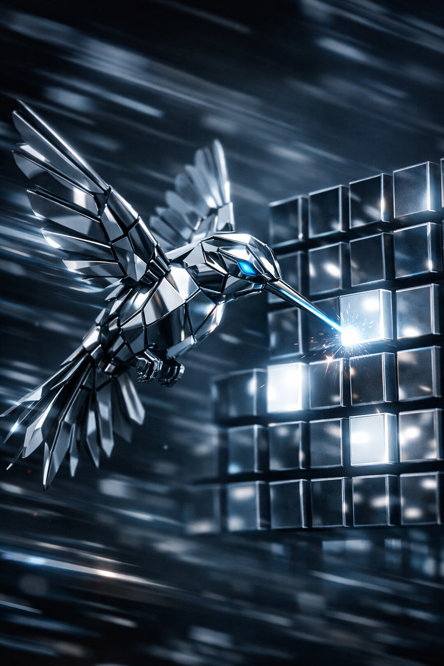 Metallic hummingbird performing technical SEO audits via process automation.