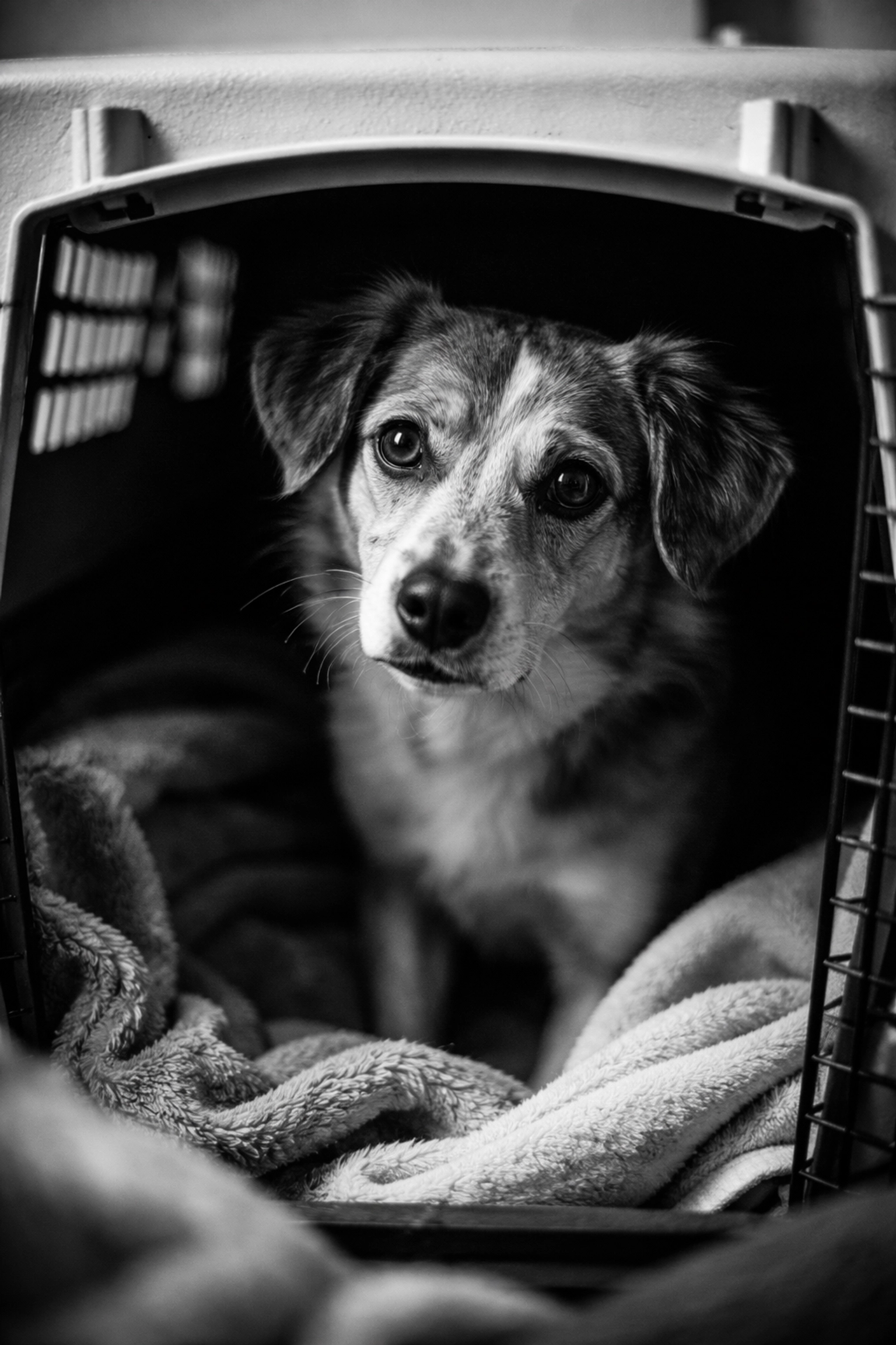 A rescue dog cautiously peeking from an open crate, capturing the early days of foster adjustment.