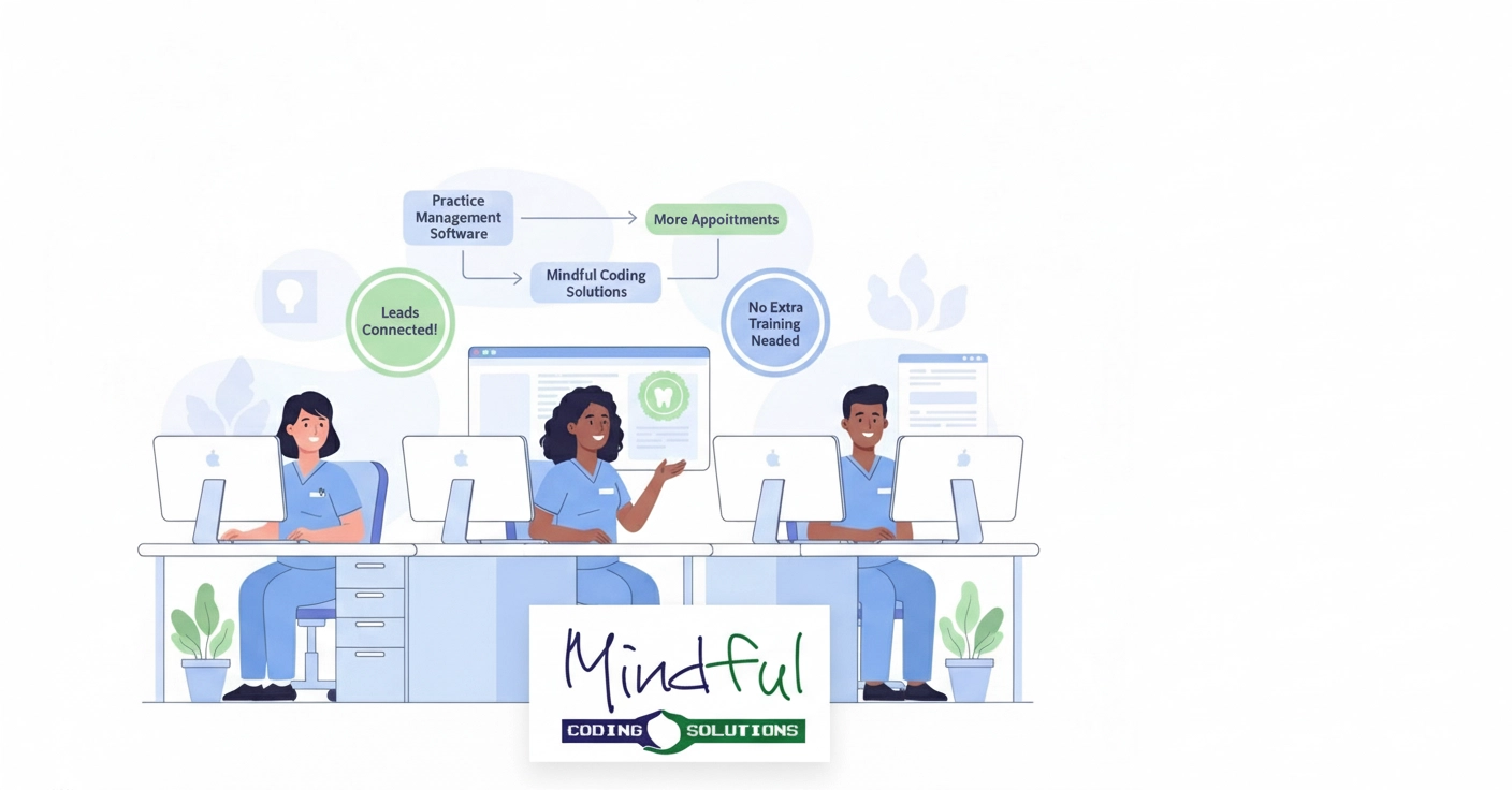 Bright, clean illustration of a dental/medical front desk team using PMS‑integrated software; screens highlight “Leads Connected!” and “No Extra Training Needed”, plus a flowchart: Practice Management Software → Mindful Coding Solutions → More Appointments. Official Mindful Coding Solutions logo placed bottom‑center on white. Color palette: #272343, white, light blue, green accents.