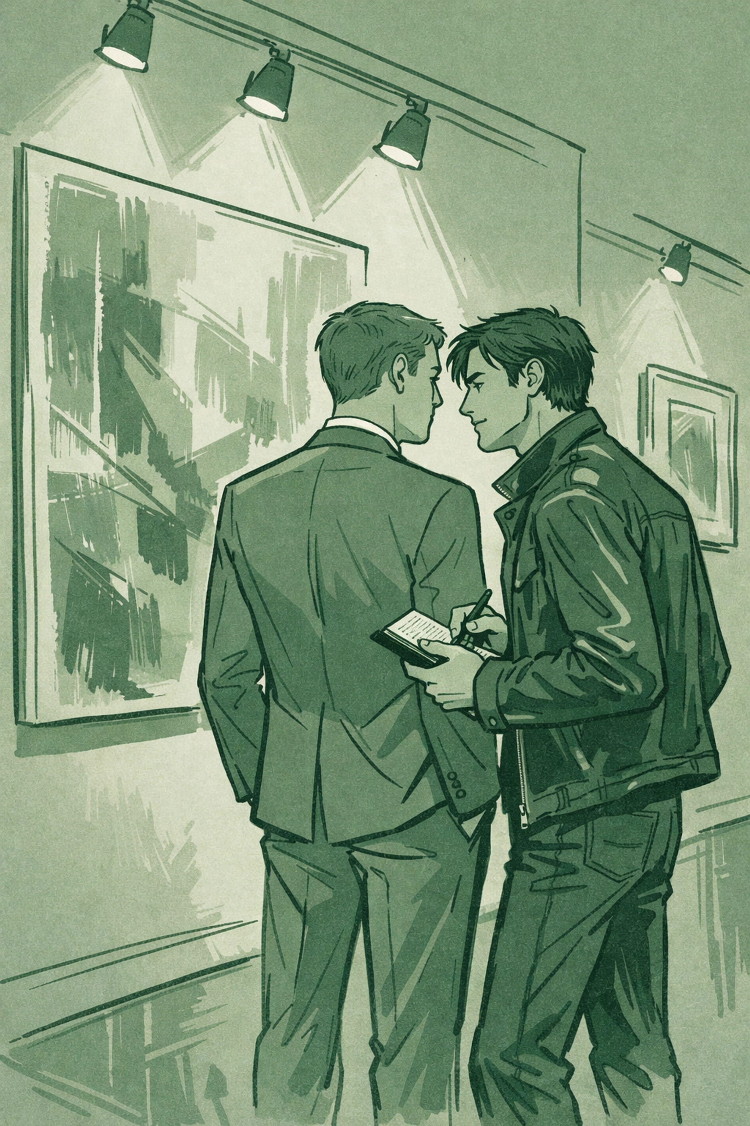 Gallery owner and detective in upscale art gallery examining painting in MM thriller romance