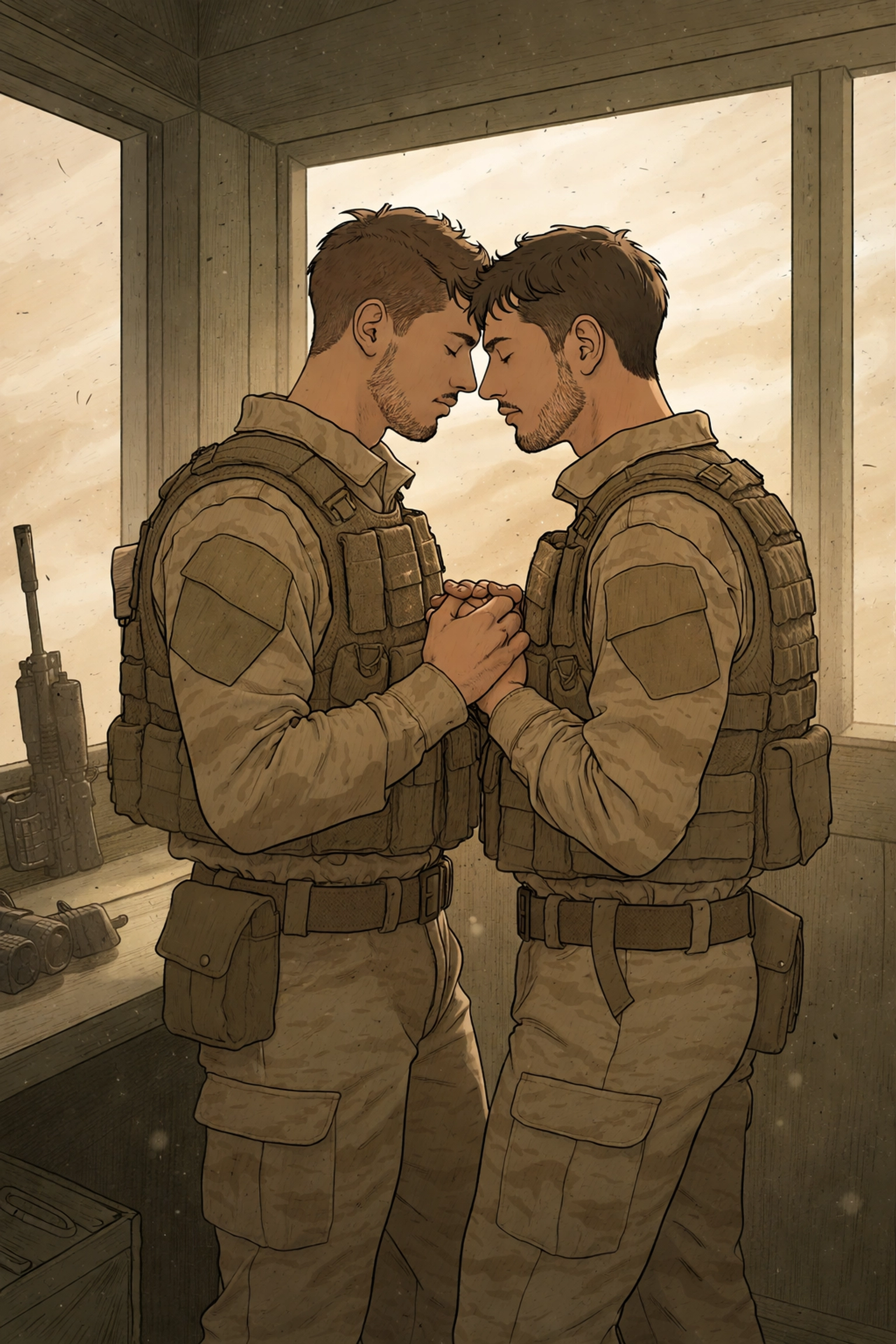 Two male soldiers share an intimate moment inside a desert guard tower during a sandstorm, depicting forbidden MM romance in a military setting.
