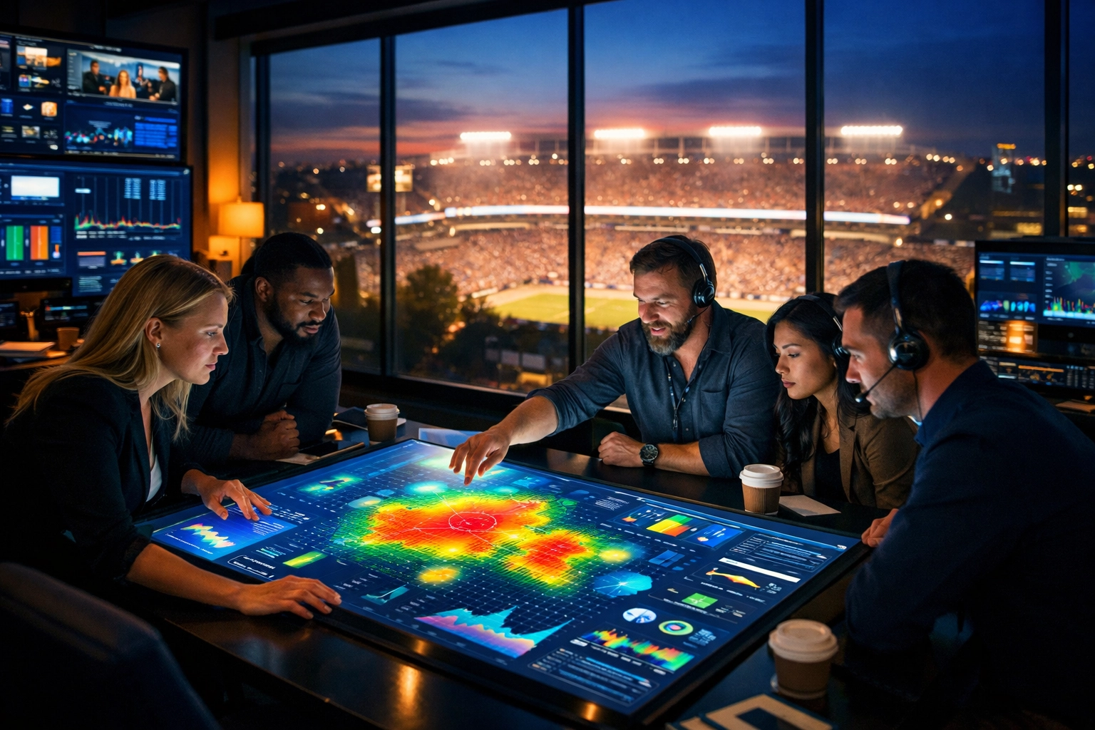 Marketing team analyzing Super Bowl campaign data in a modern media agency war room.