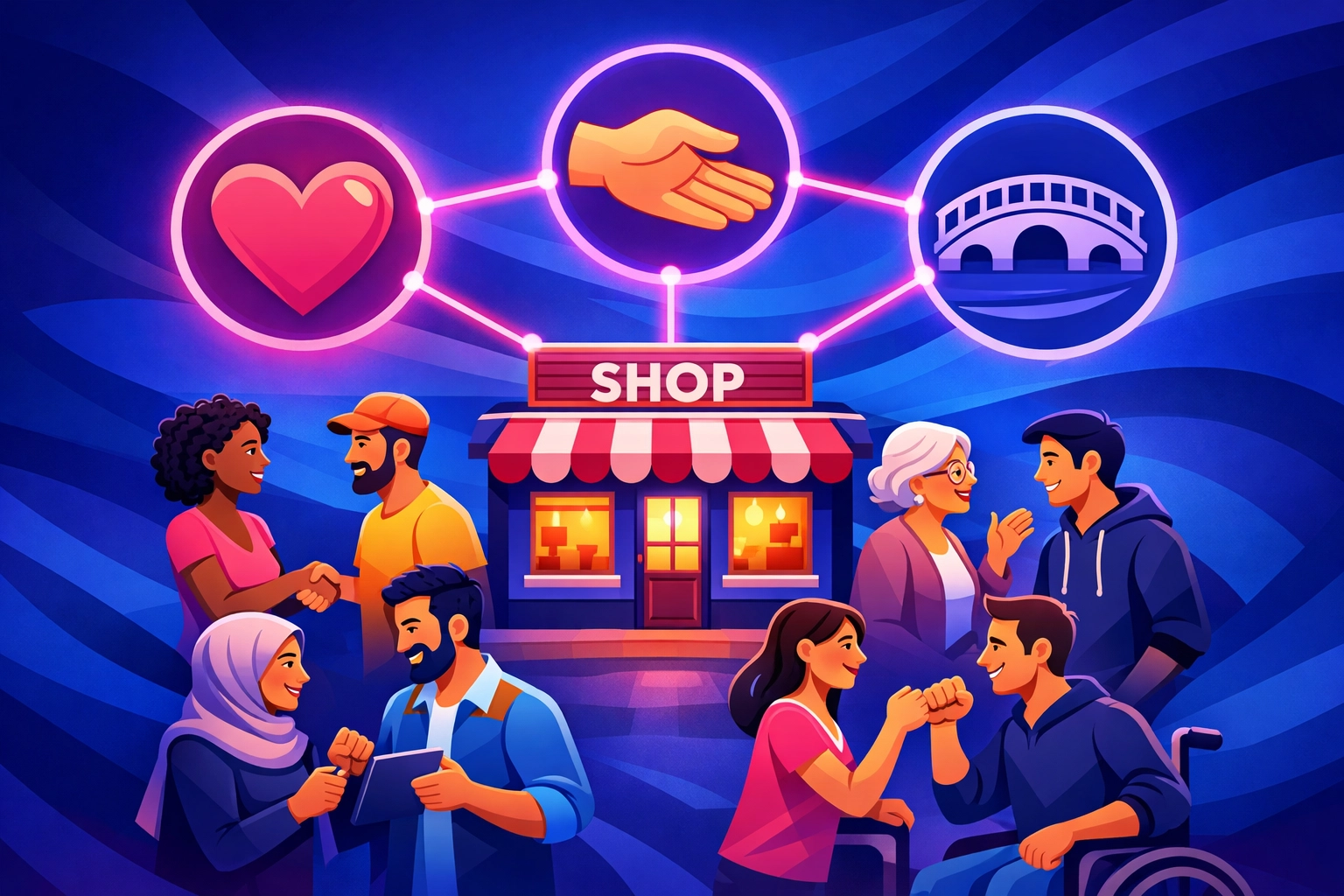 Small business storefront linked to community support symbols and domestic violence survivor resources.