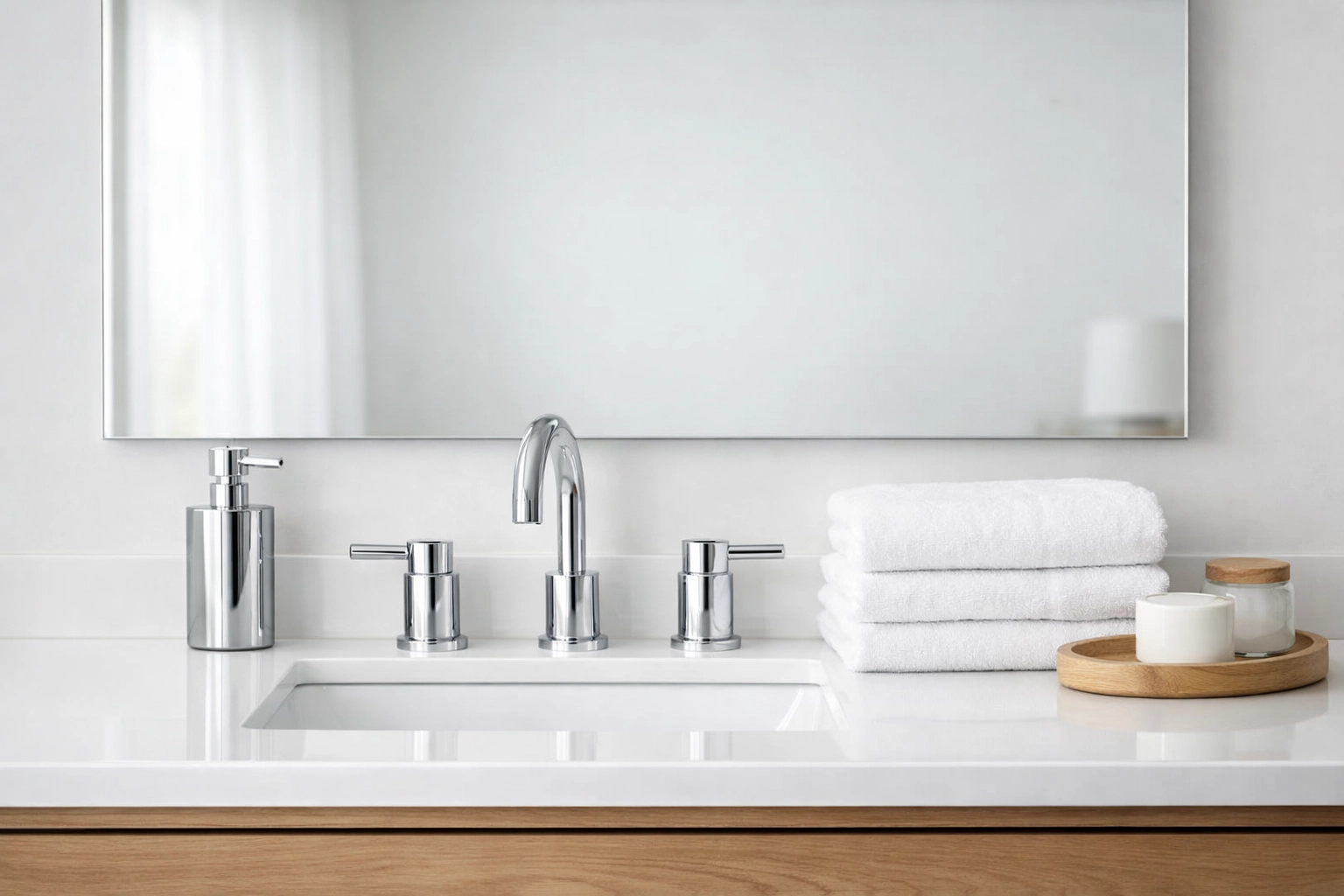 Pristine bathroom vanity with folded towels showcasing attention to cleaning detail
