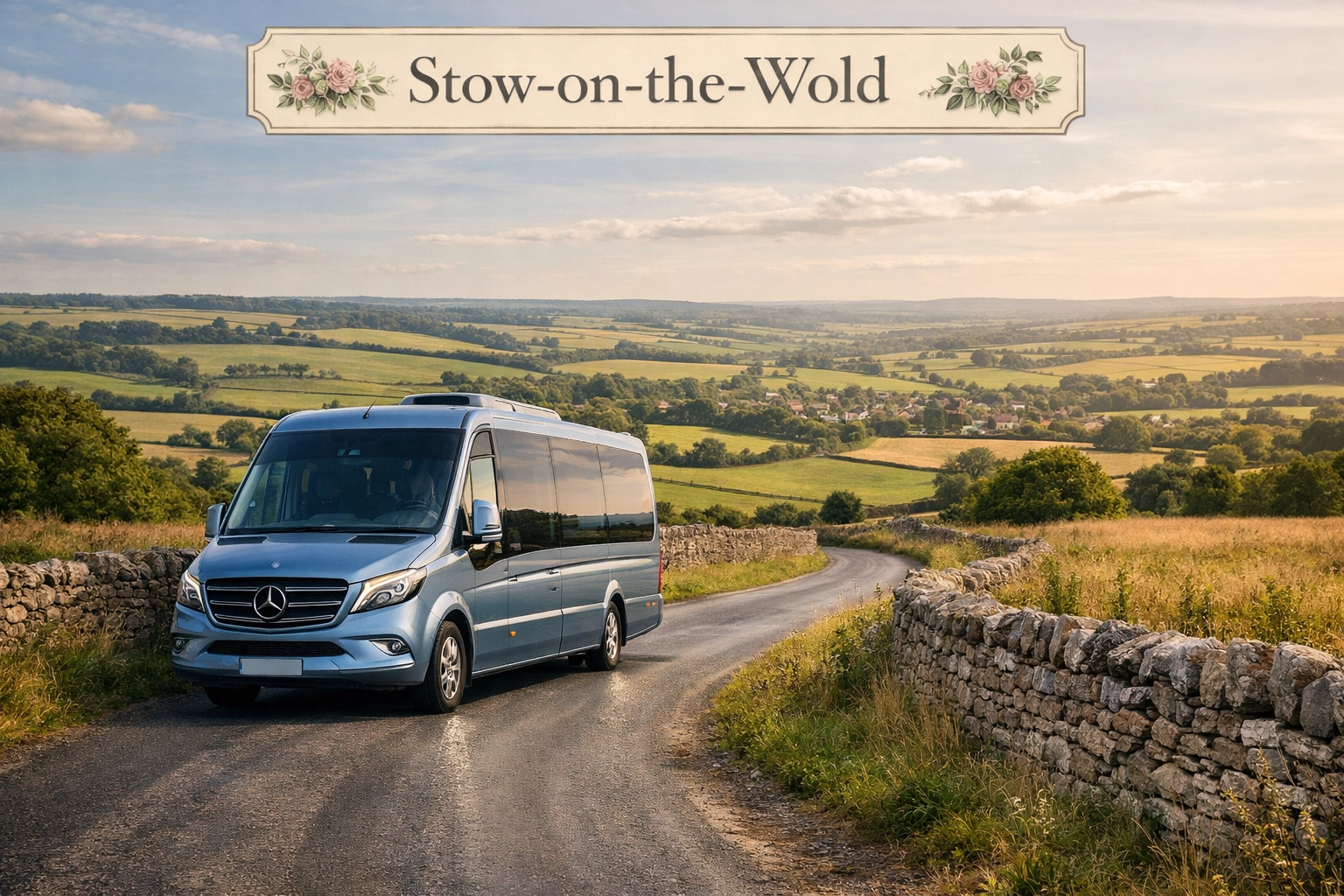 A Shakespeare Coaches minibus driving past dry stone walls through the scenic Cotswold hills near Stow.