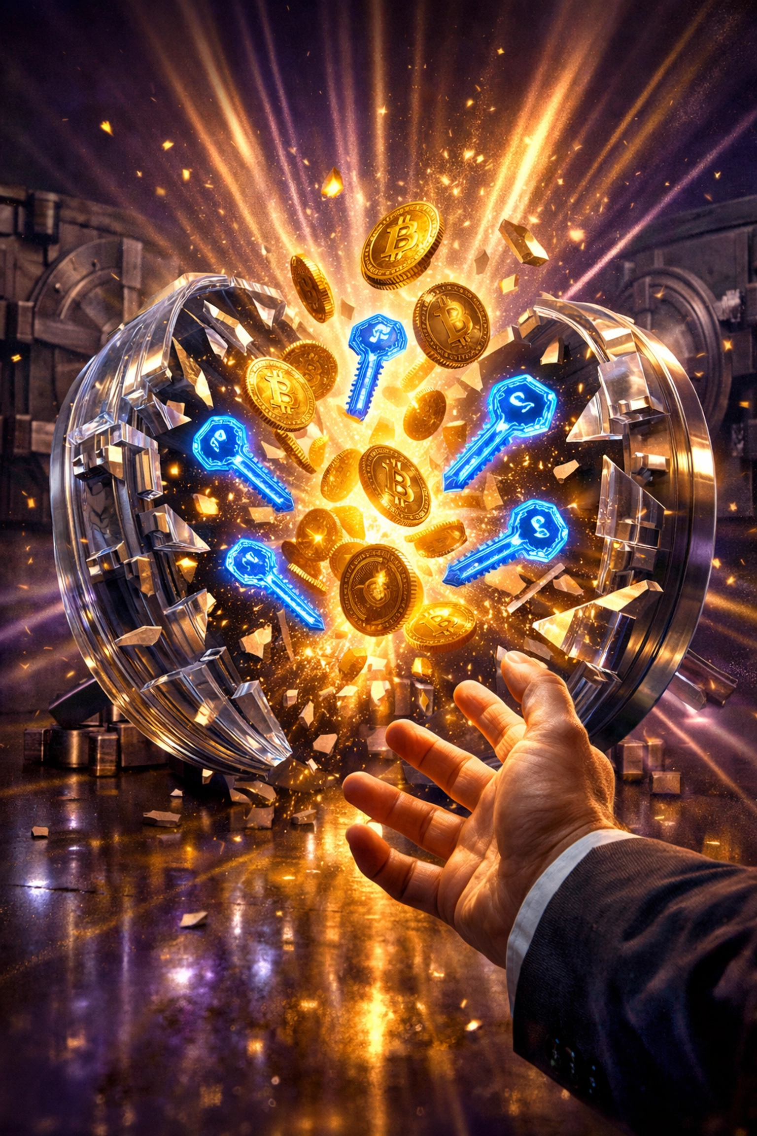 Self-custody crypto vault opening with digital keys for merchant-controlled funds