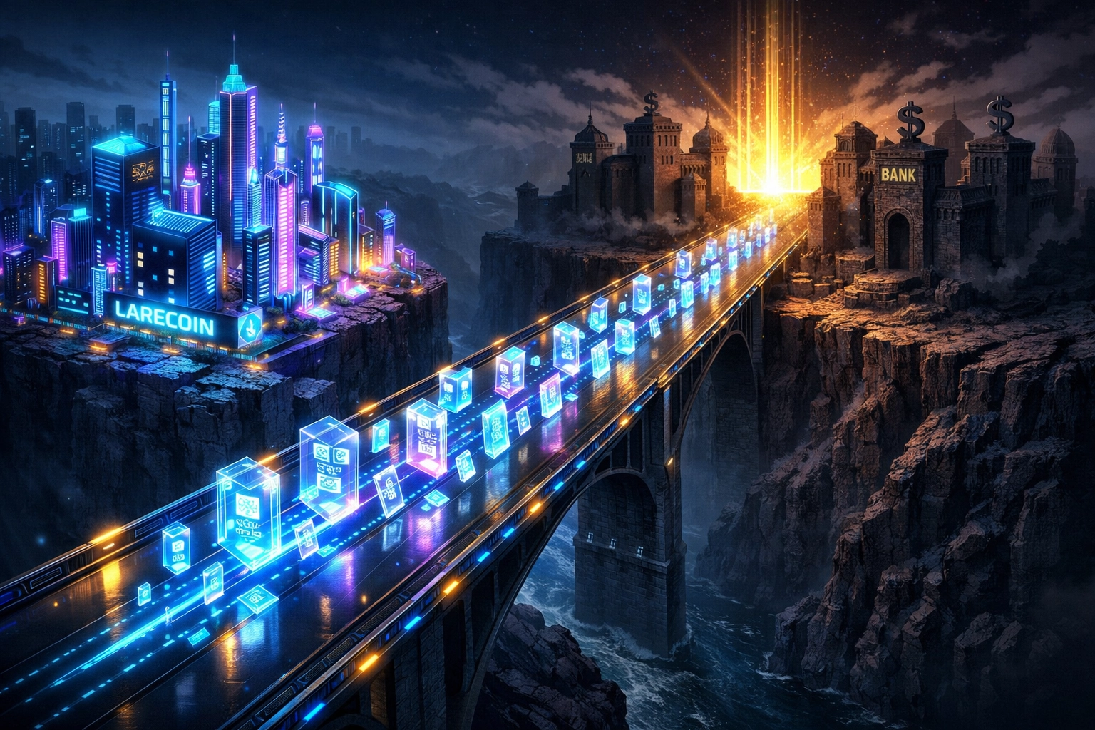 Blockchain bridge showing the move from legacy banking to Larecoin.ai NFT receipts and lower crypto fees.