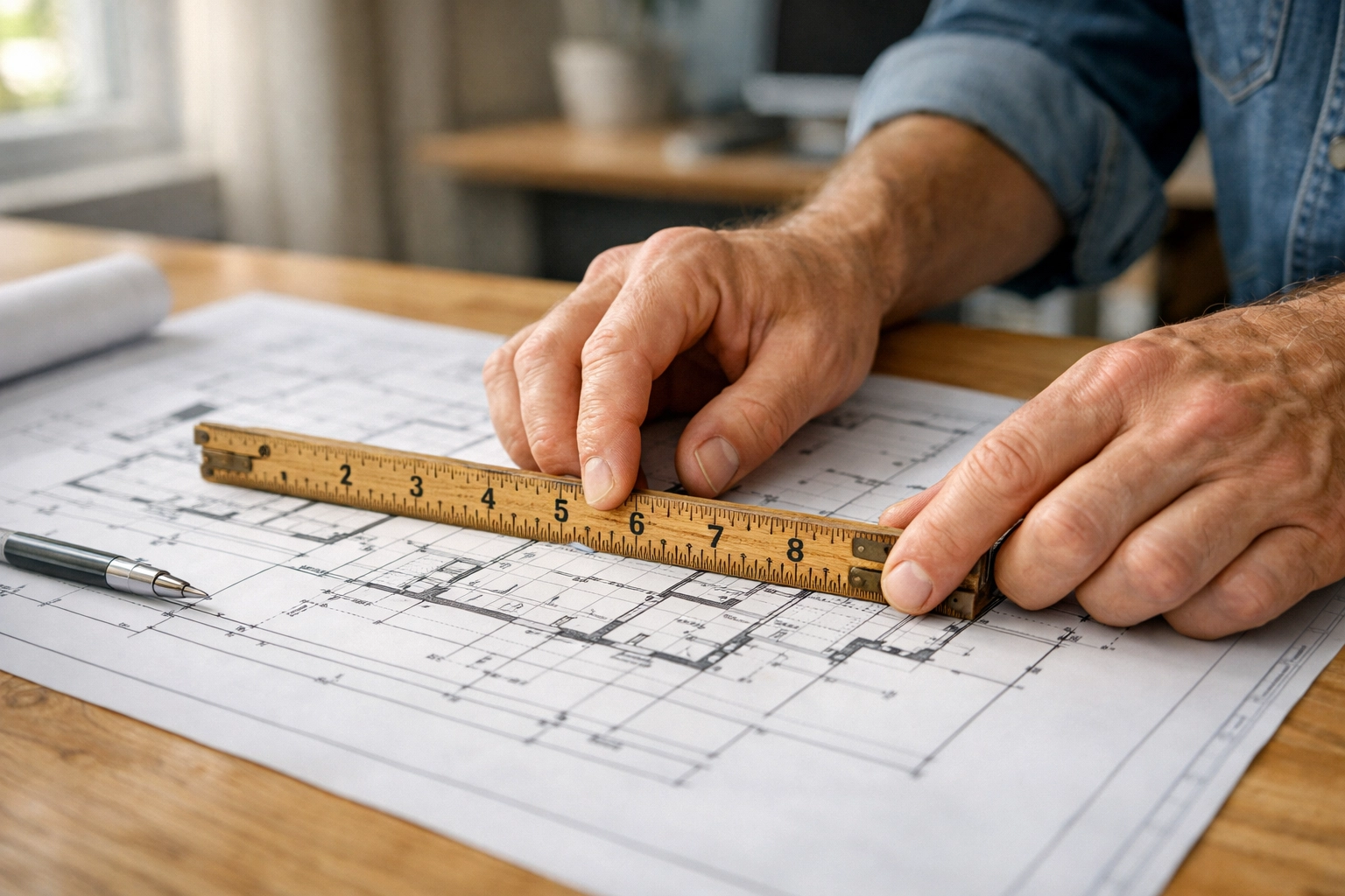 Contractor measuring blueprints on a desk, highlighting precise job costing bookkeeping for service businesses.