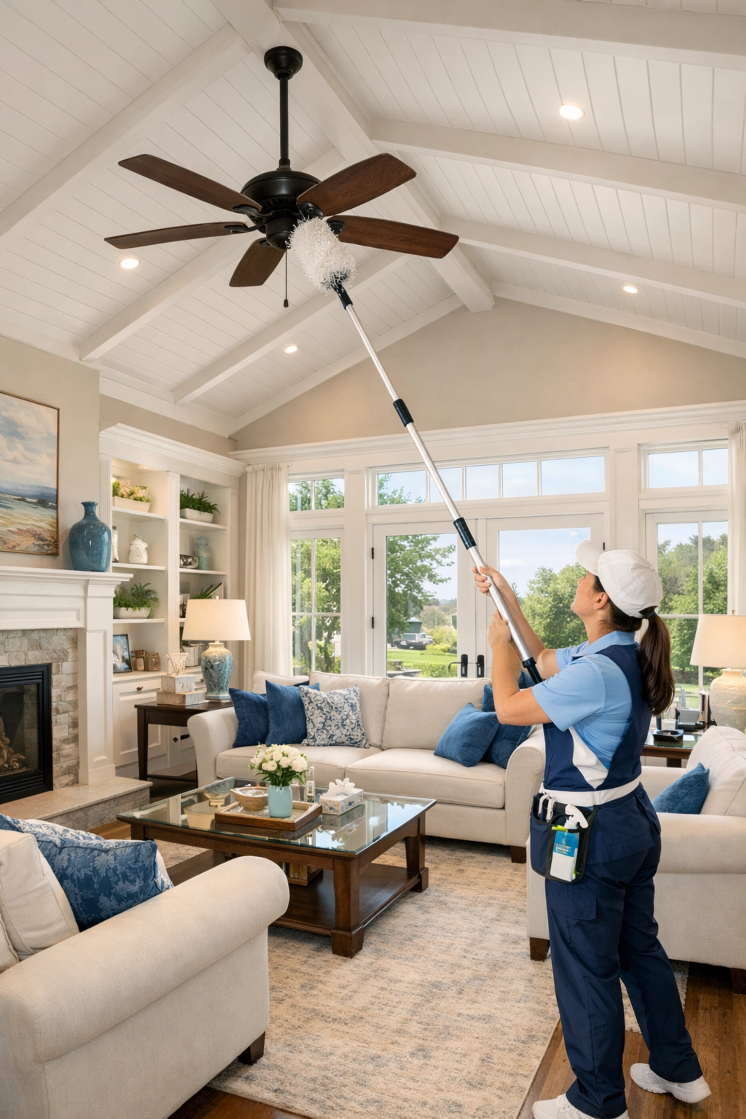 Professional deep cleaning Marlborough using the top-to-bottom method to dust a high living room ceiling fan.