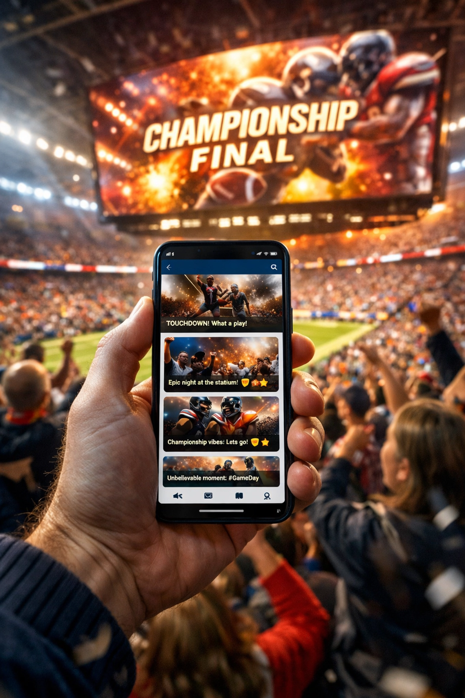 Fan in a stadium viewing athlete NIL social media content on a smartphone during a championship game.