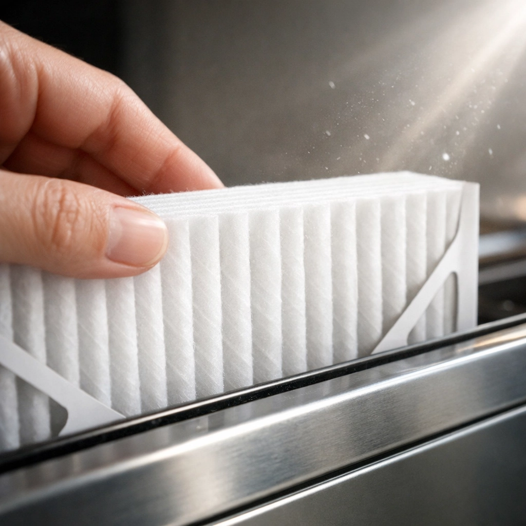 Homeowner installing a fresh air filter as part of regular HVAC maintenance in Houston.