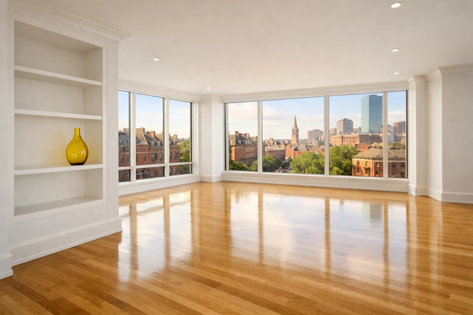 A bright, empty luxury apartment with polished floors following a move-in cleaning in Boston.