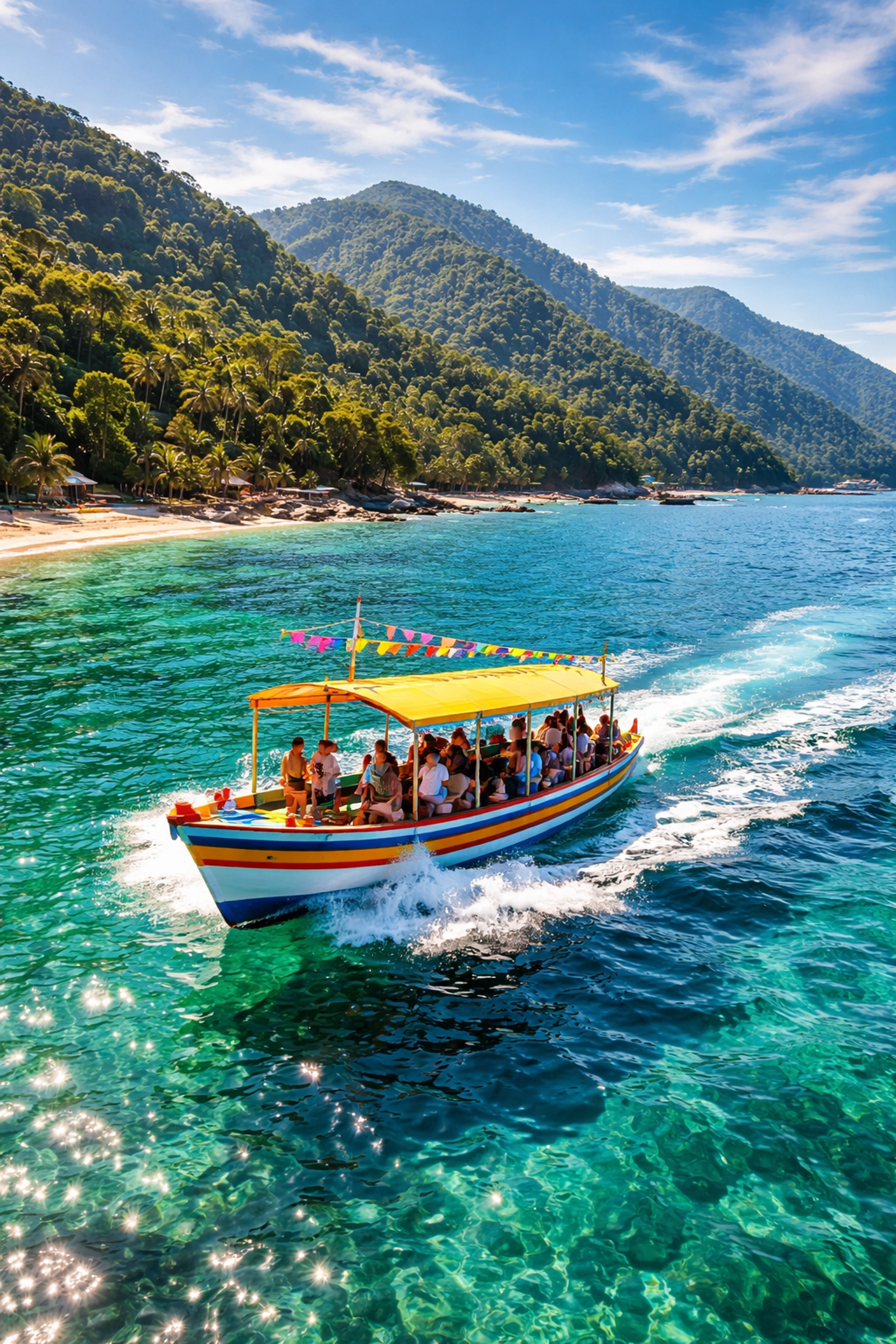 Water taxi travels along Puerto Vallarta coastline with lush jungle and clear blue sea in view