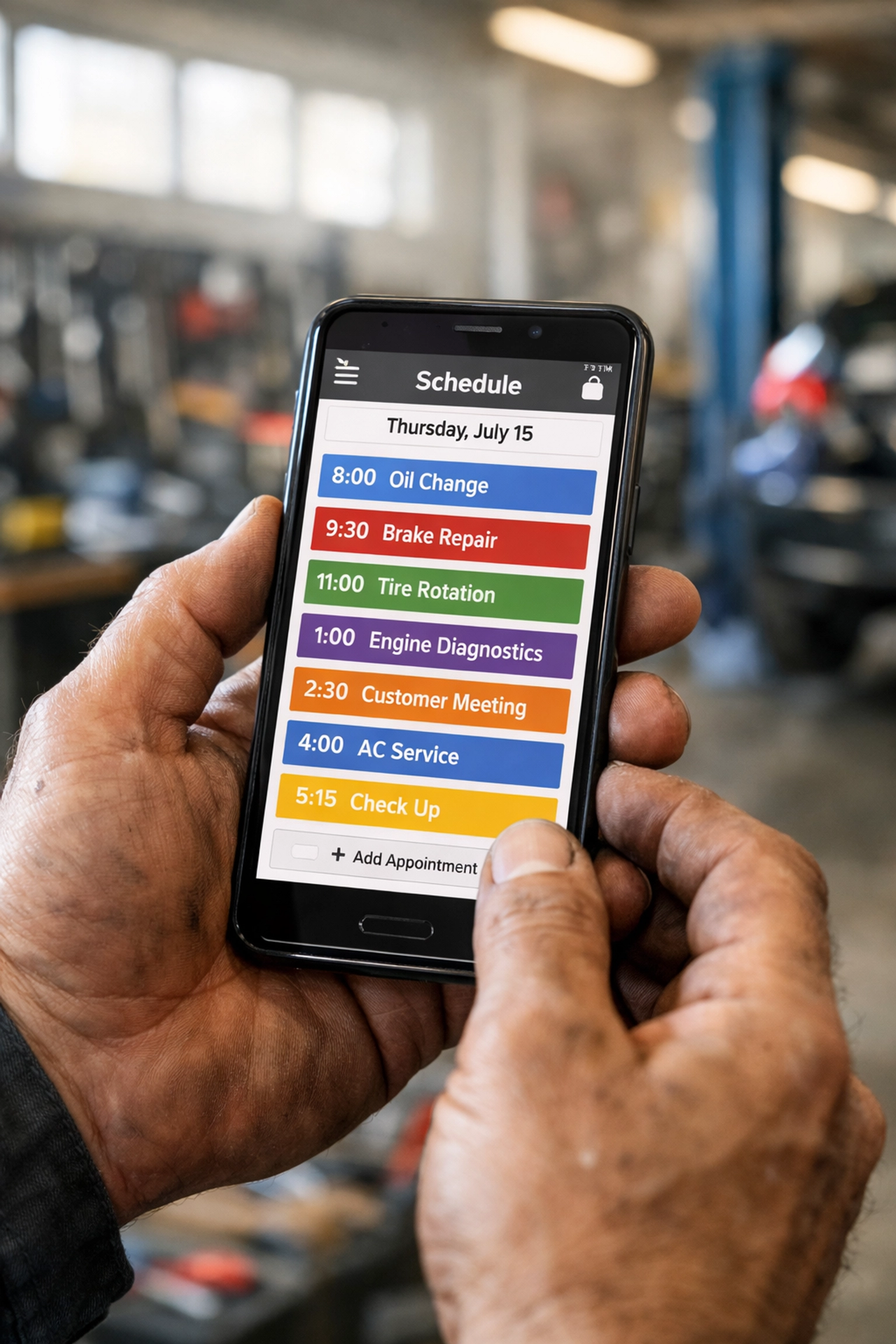 Mechanic using smartphone for automated appointment scheduling in car workshop