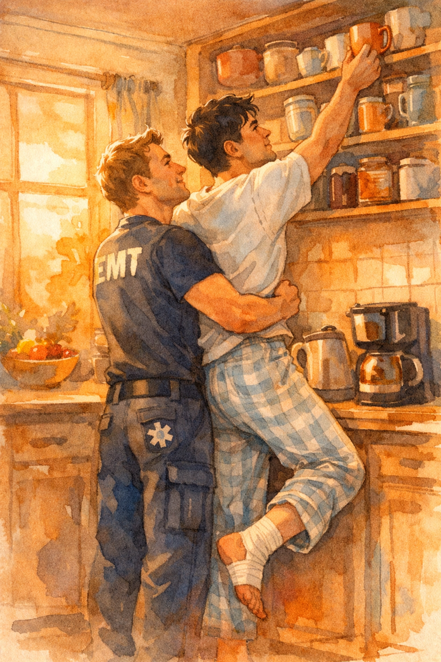 Two men sharing intimate morning kitchen moment - MM romance Healing Hands story