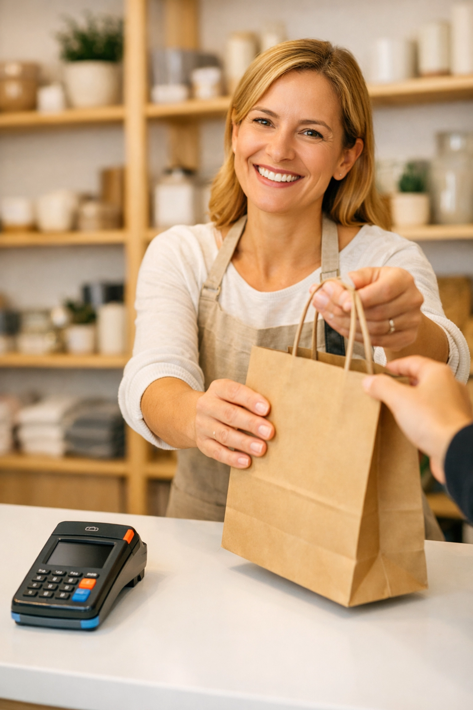 Friendly shop owner providing personalized payment processing for small business at a modern terminal.