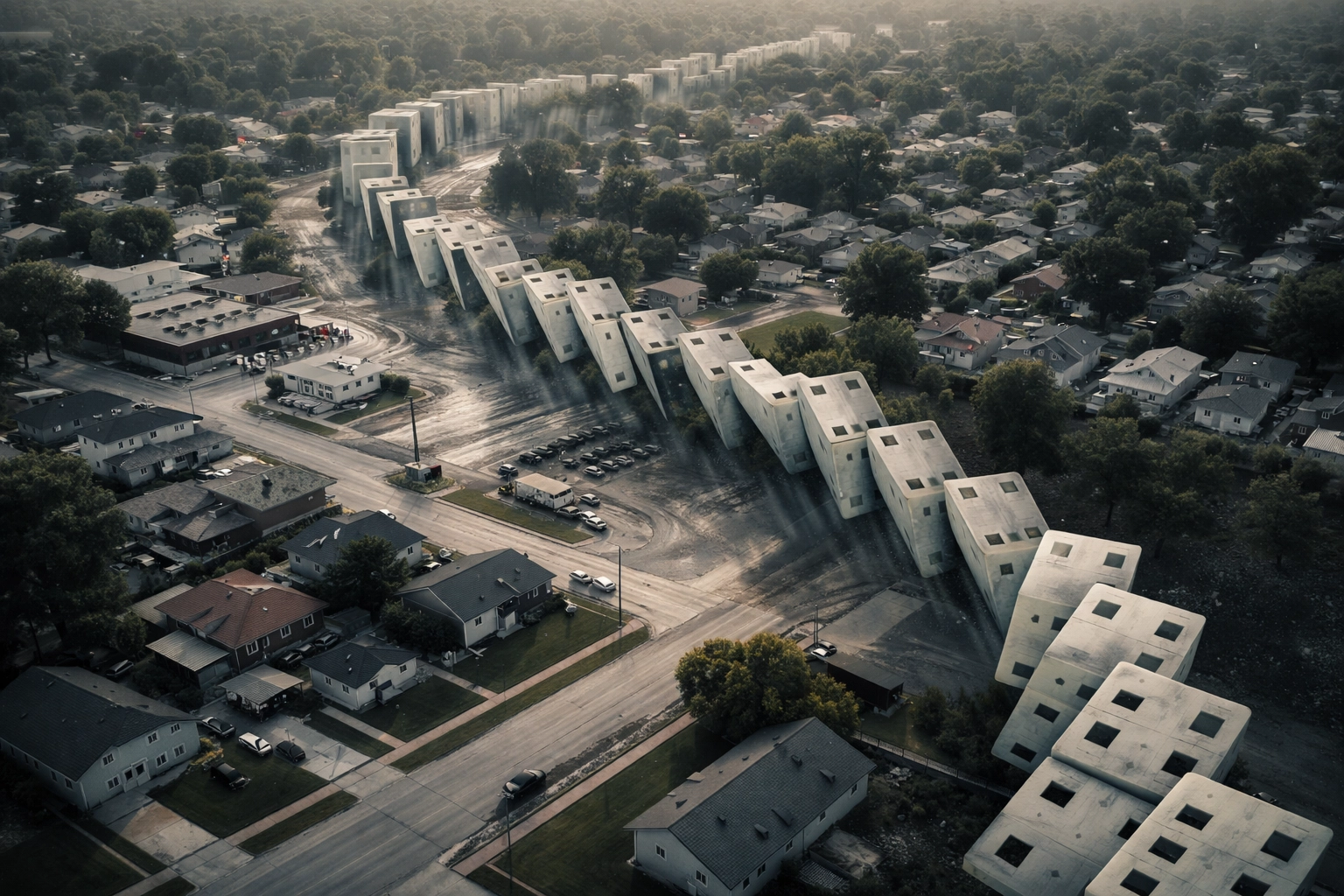 Aerial view of an American neighborhood with toppling dominoes overlay, illustrating broad economic ripple effects of reduced credit card usage.