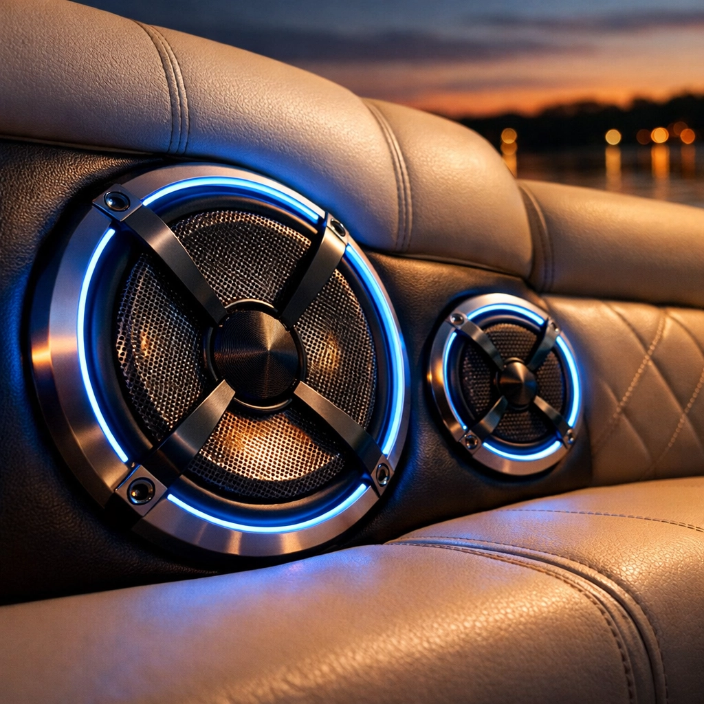 Premium marine-grade speaker with blue LED lighting integrated into luxury pontoon boat seating.