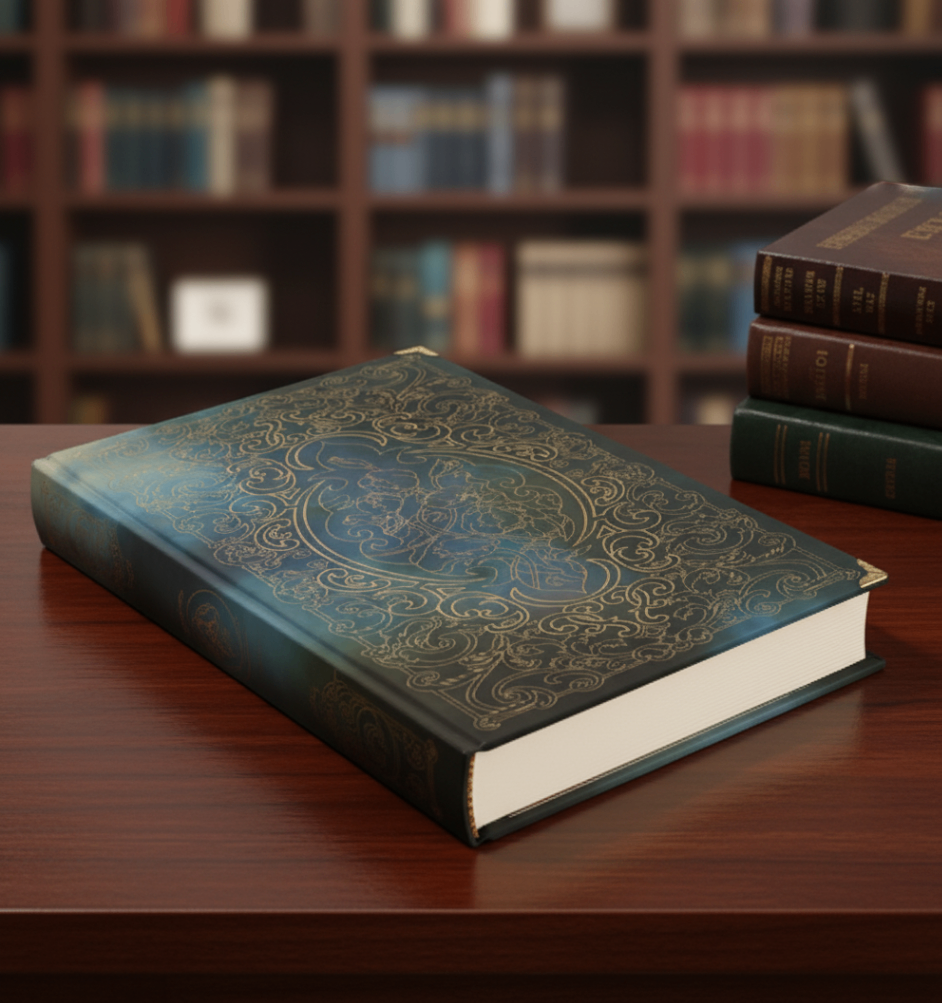 A luxurious, hardcover book with an intricate gold-embossed cover design