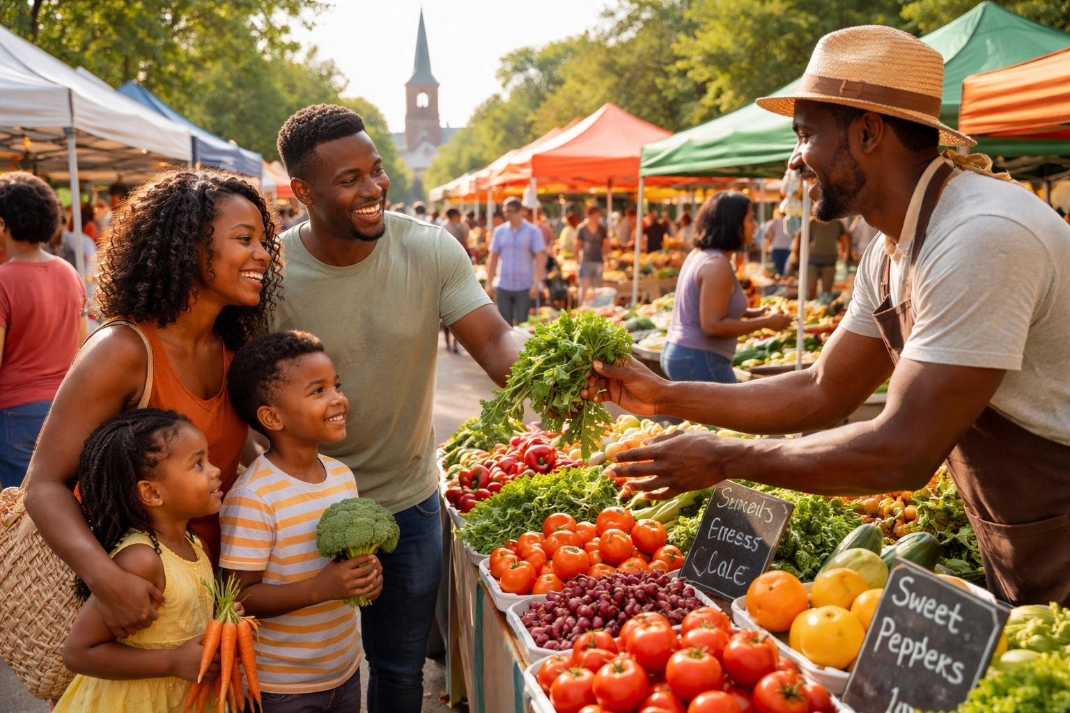 Black families shopping at a neighborhood farmers market, showing vibrant local economic activity and social connection.