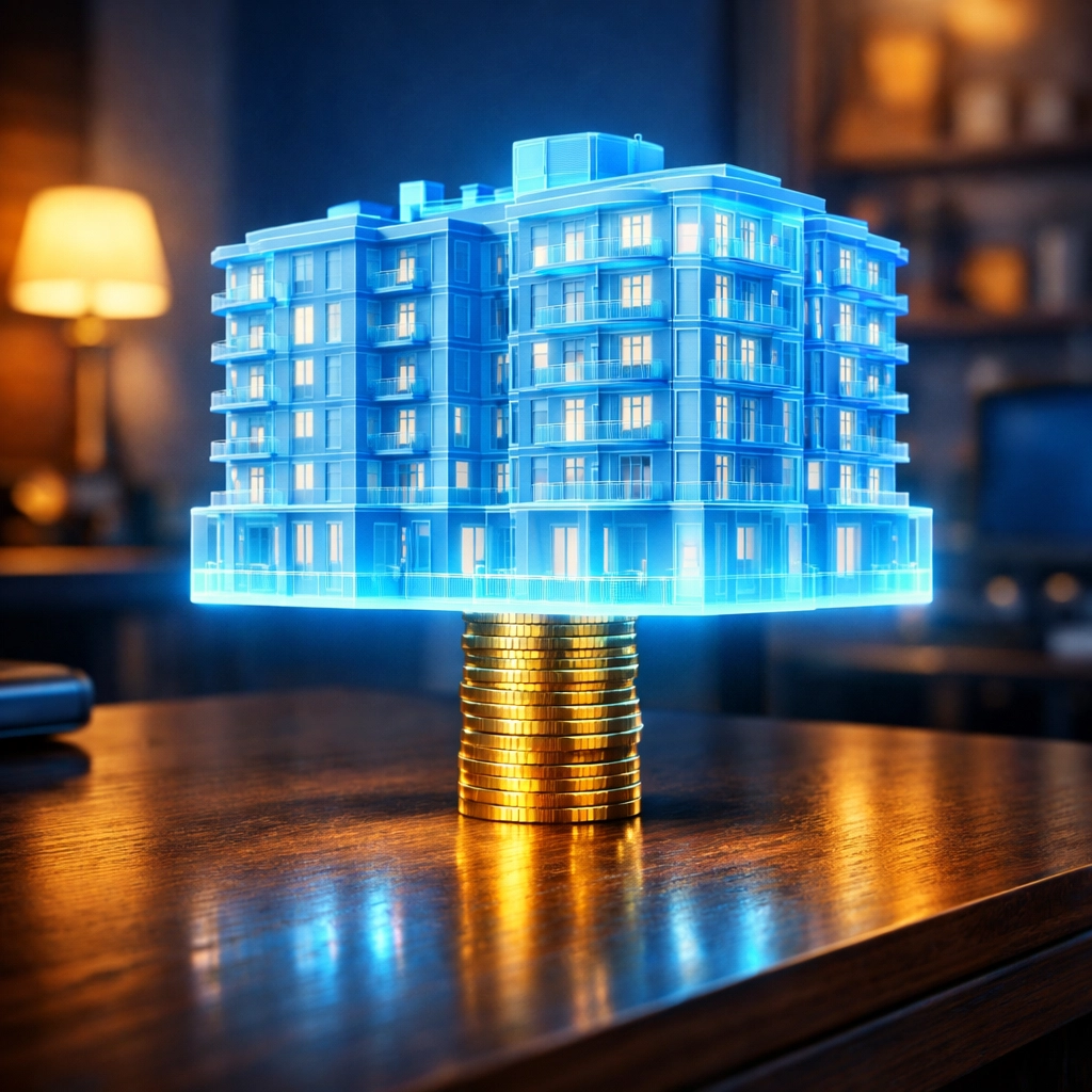 A small stack of coins supporting a large building model representing 90 percent refurbishment finance leverage.