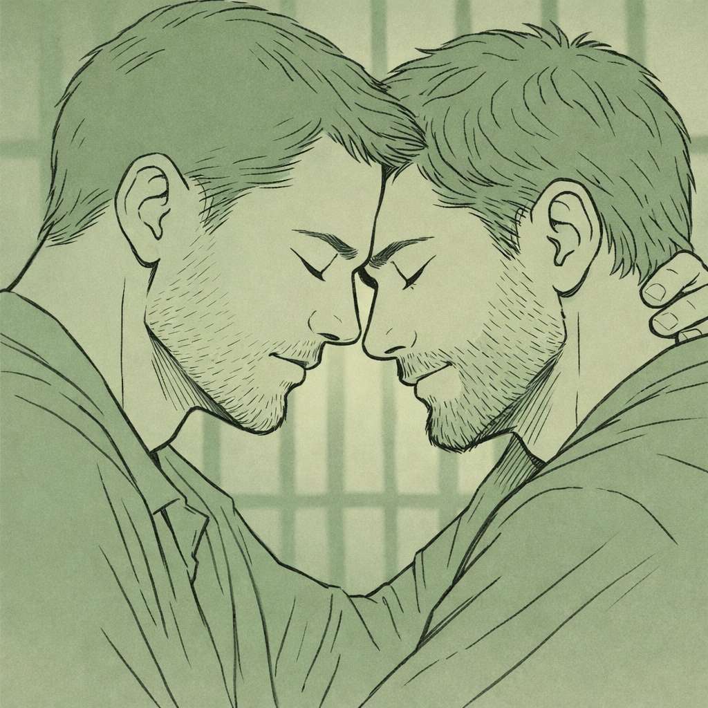 Male couple sharing emotional intimacy and trust in LGBTQ+ romance novel Concrete Heart