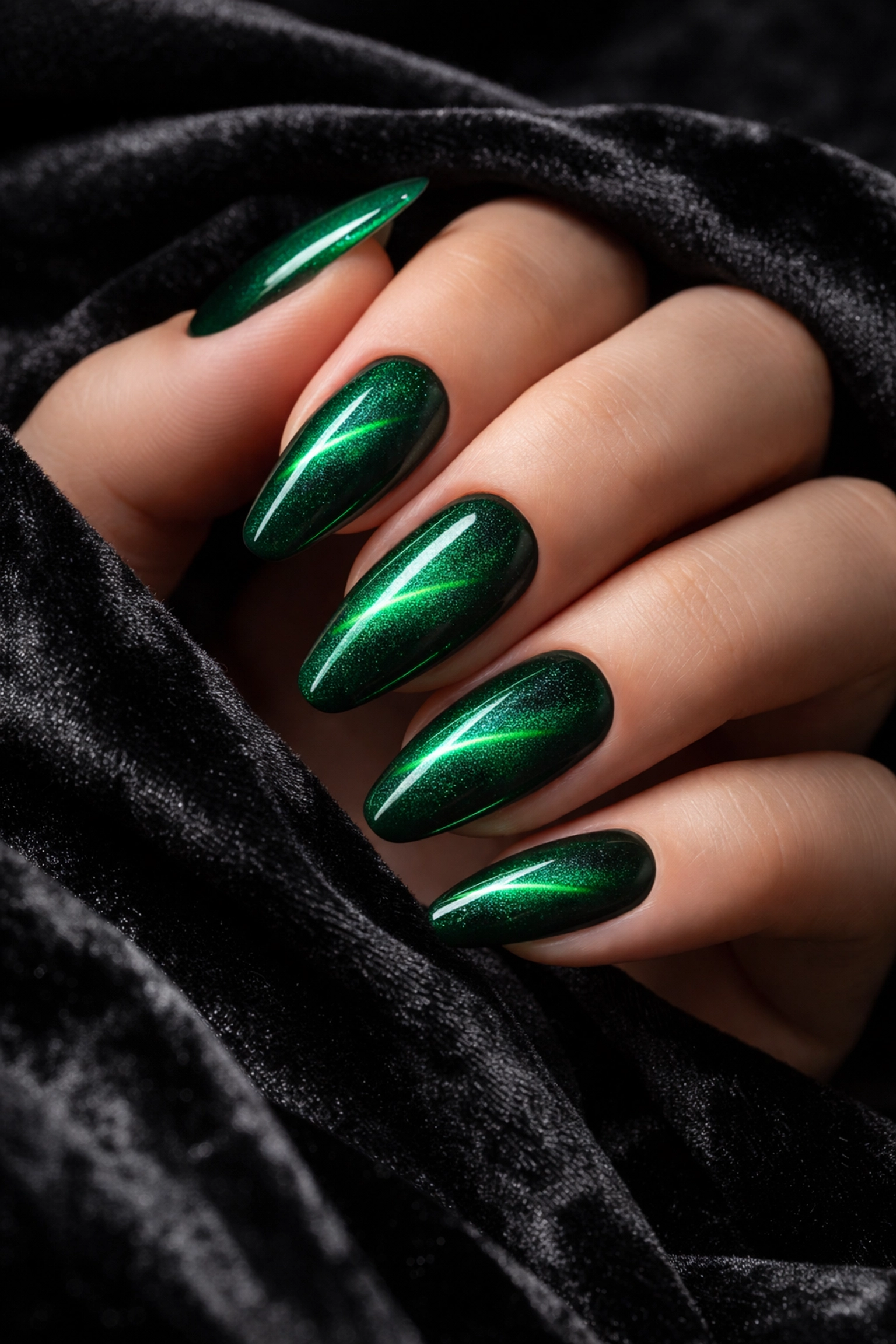 Elegant emerald green velvet cat-eye nails with glowing magnetic stripe effect