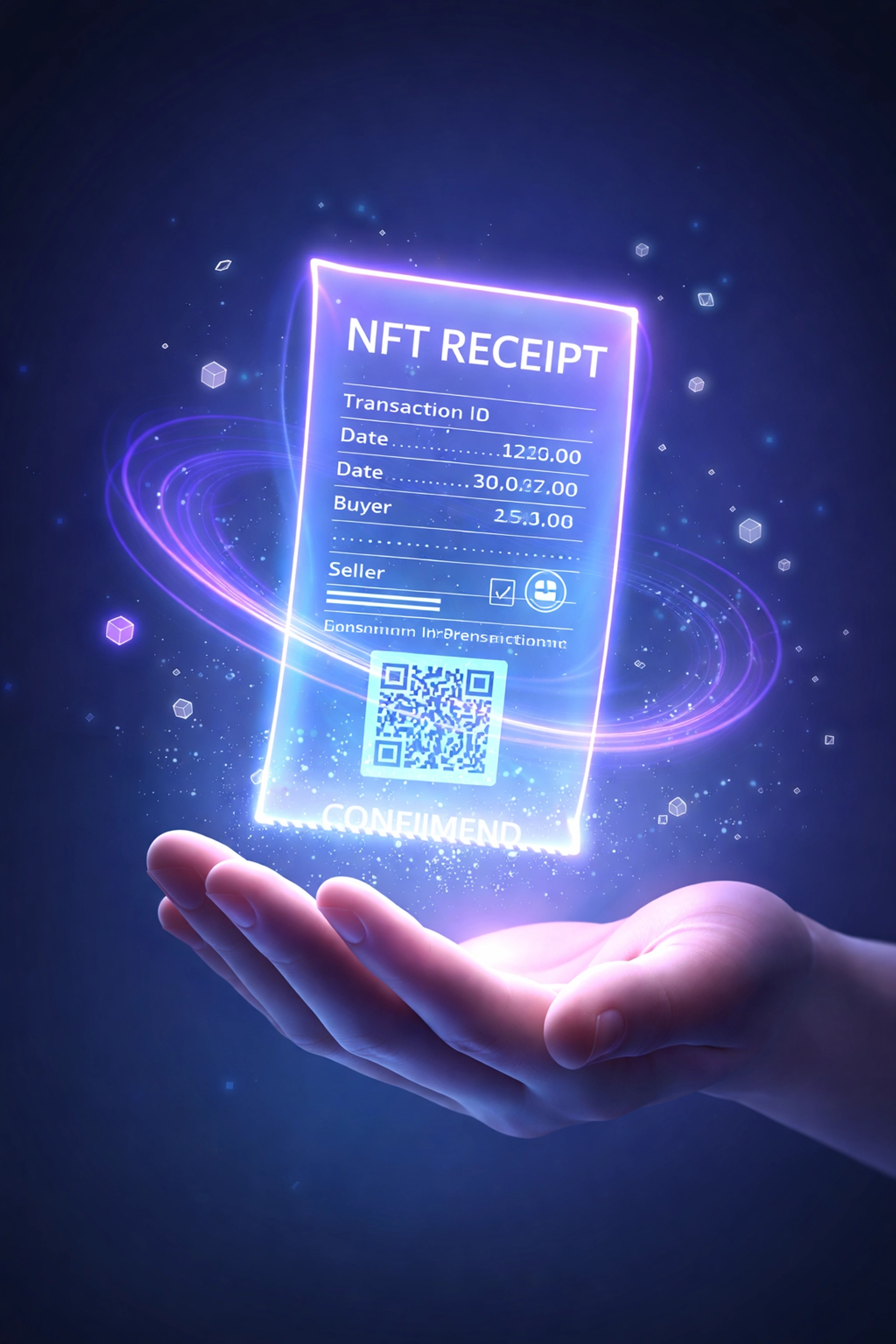 NFT receipt hovering above hand representing blockchain-verified transaction records for crypto POS systems