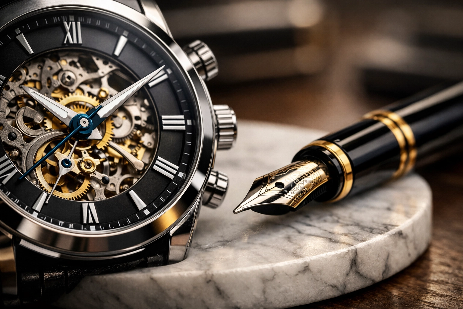 Close-up of a watch, pen, and desk setup symbolizing accurate payroll timing, tax compliance, and careful bookkeeping review.